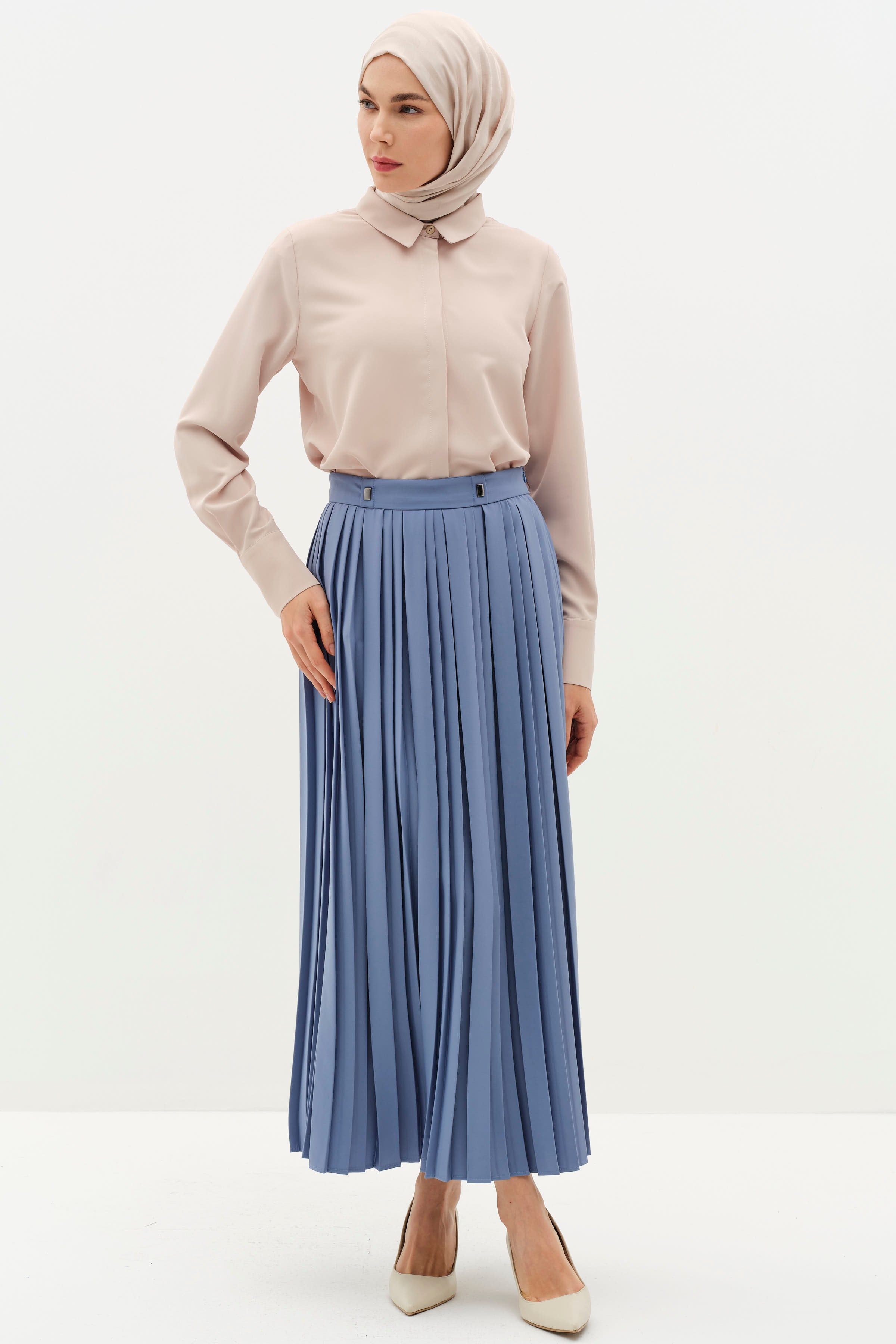 Metal Aksesuarlı Plise Etek - Mavi TUGBA