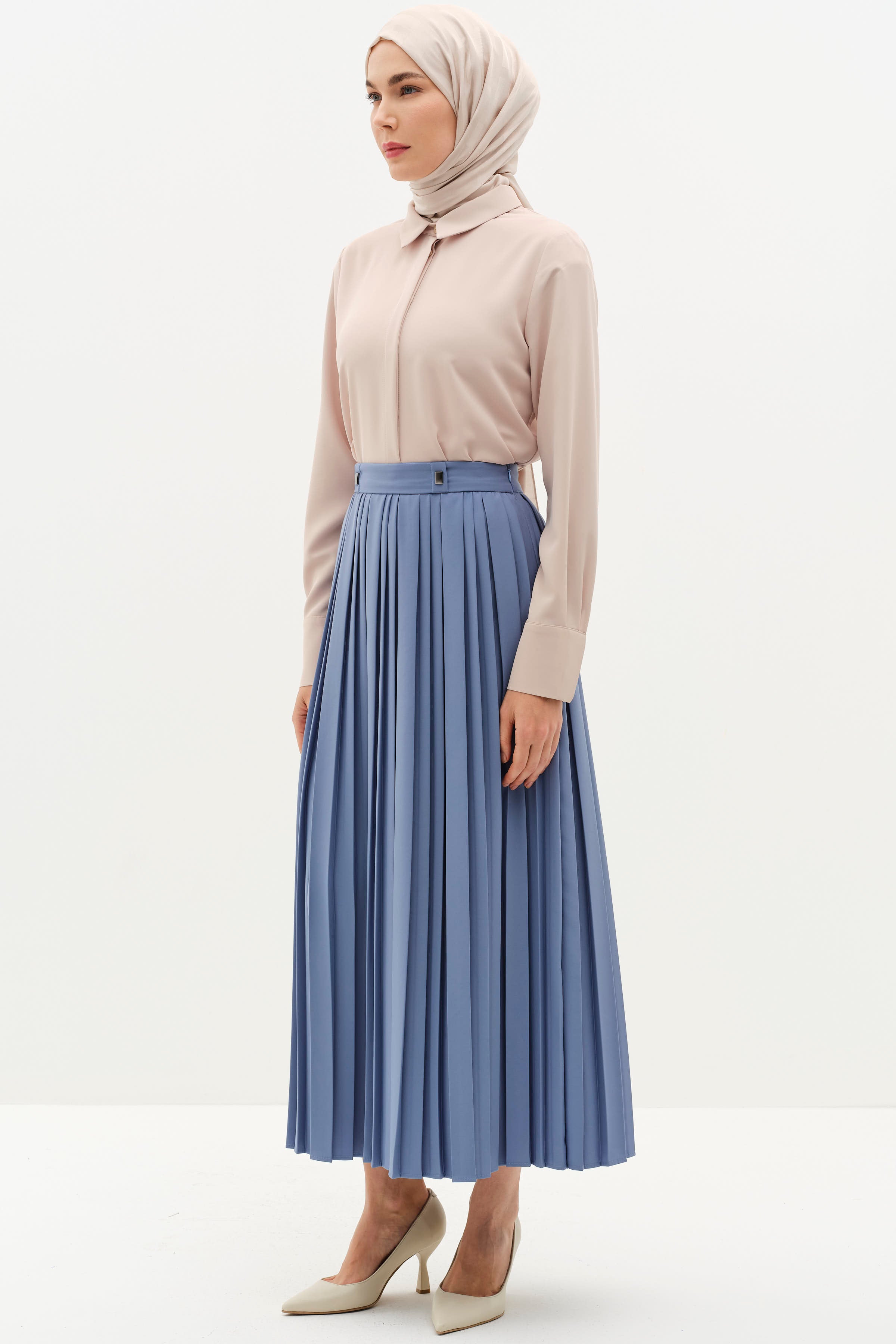 Metal Aksesuarlı Plise Etek - Mavi TUGBA