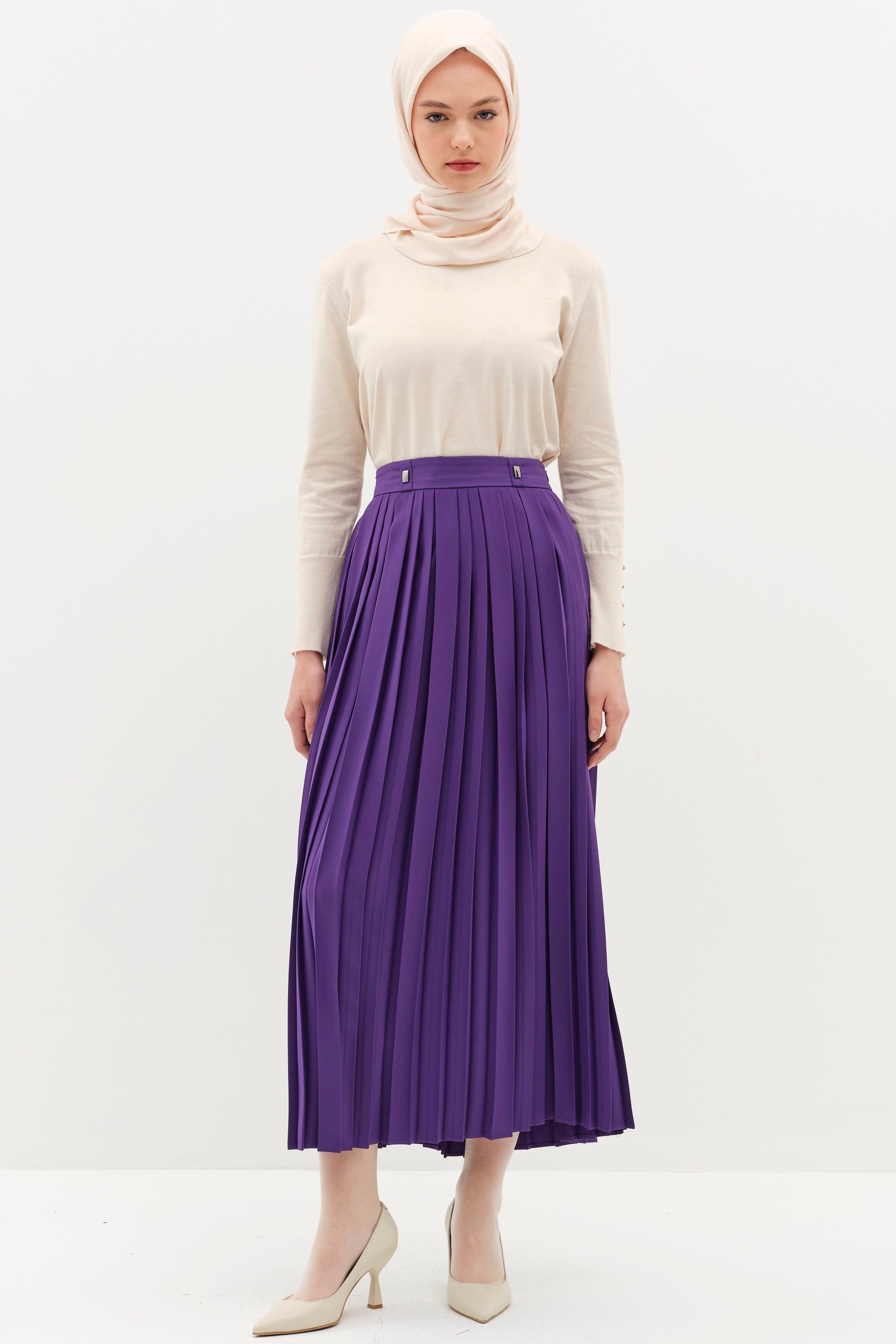 Metal Aksesuarlı Plise Etek - Mor TUGBA