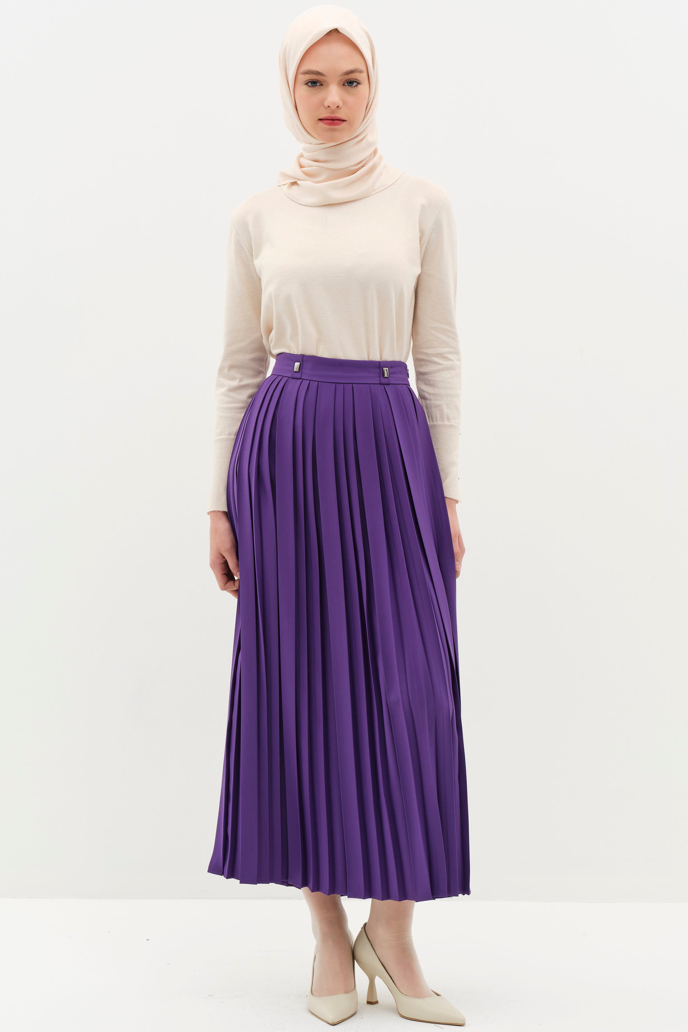 Metal Aksesuarlı Plise Etek - Mor TUGBA