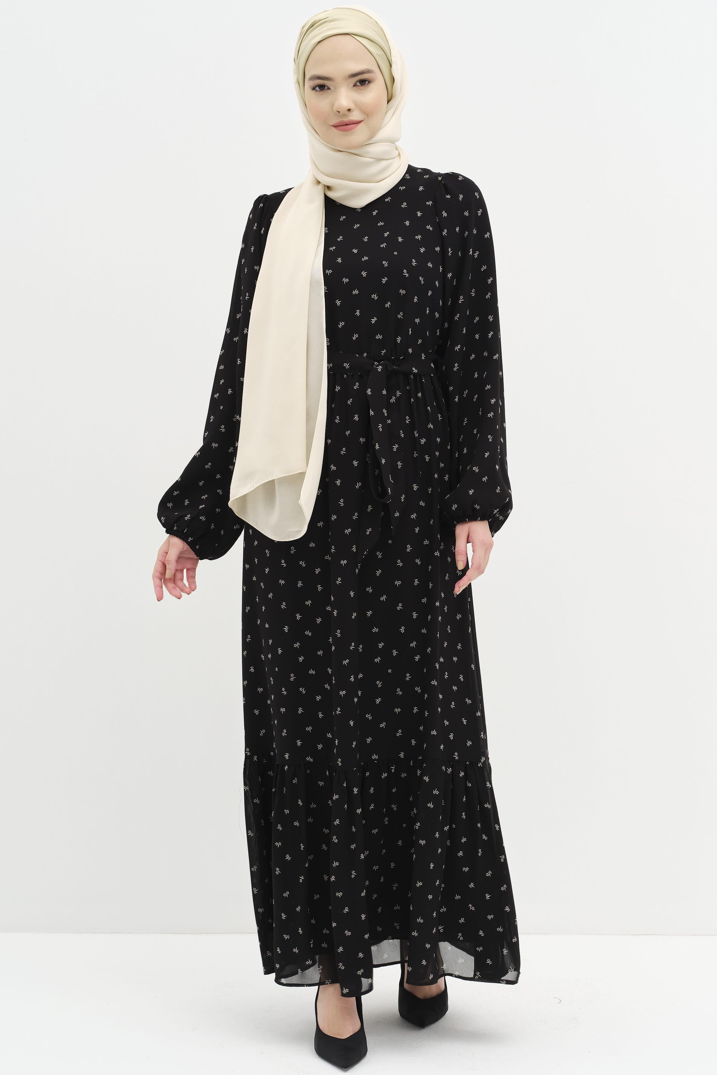 Mini Çiçek Desenli Şifon Elbise - Siyah TUGBA