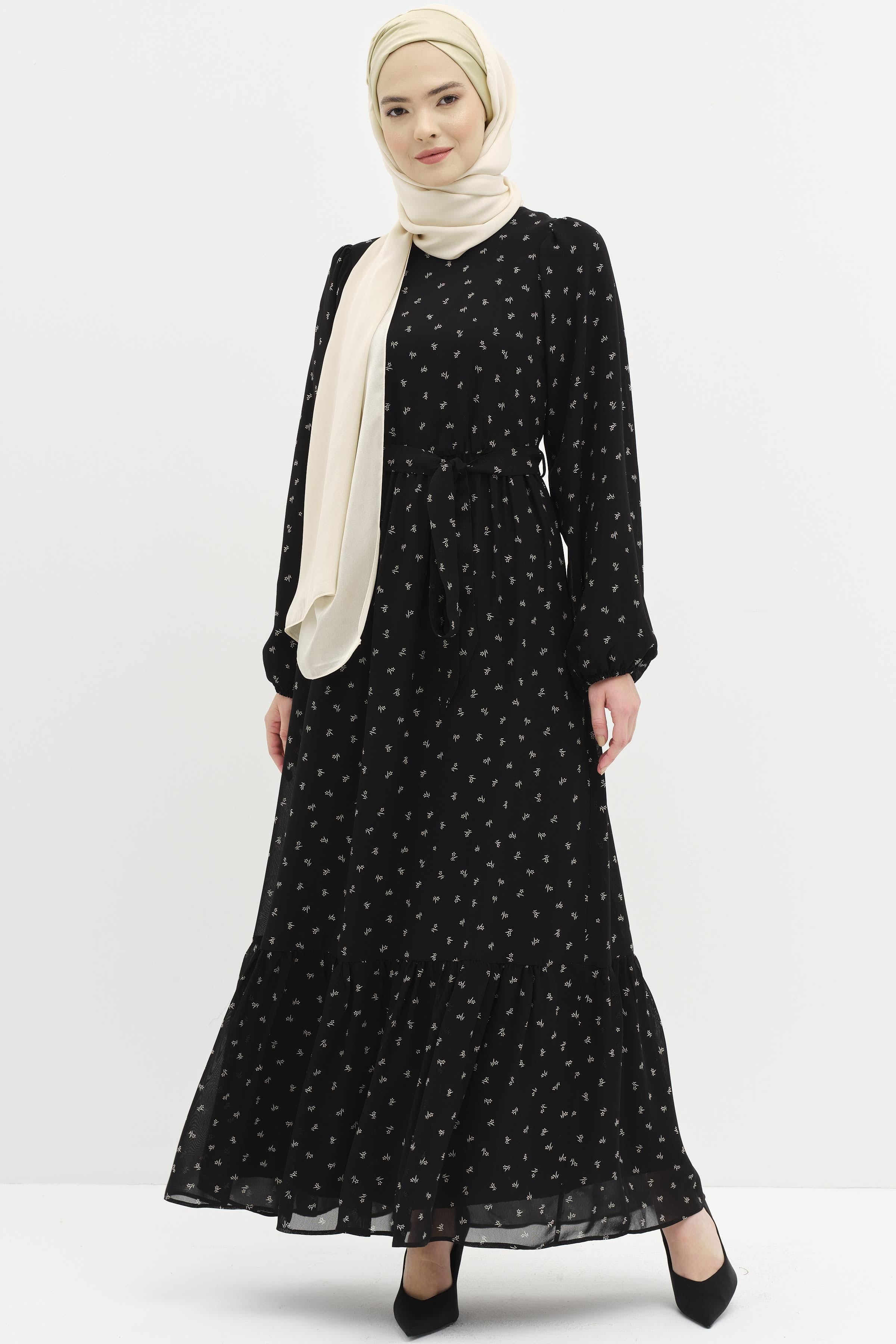 Mini Çiçek Desenli Şifon Elbise - Siyah TUGBA