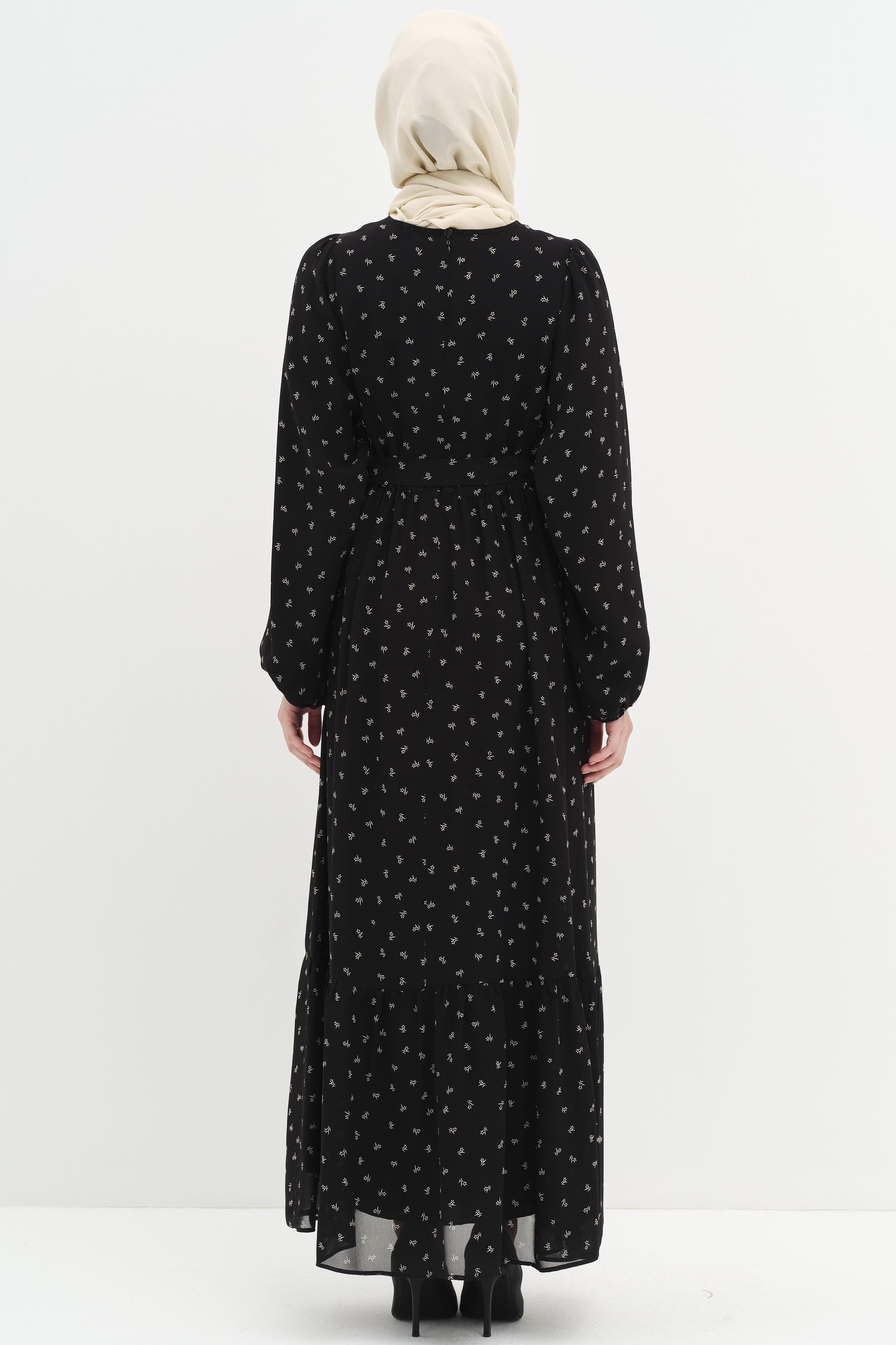 Mini Çiçek Desenli Şifon Elbise - Siyah TUGBA