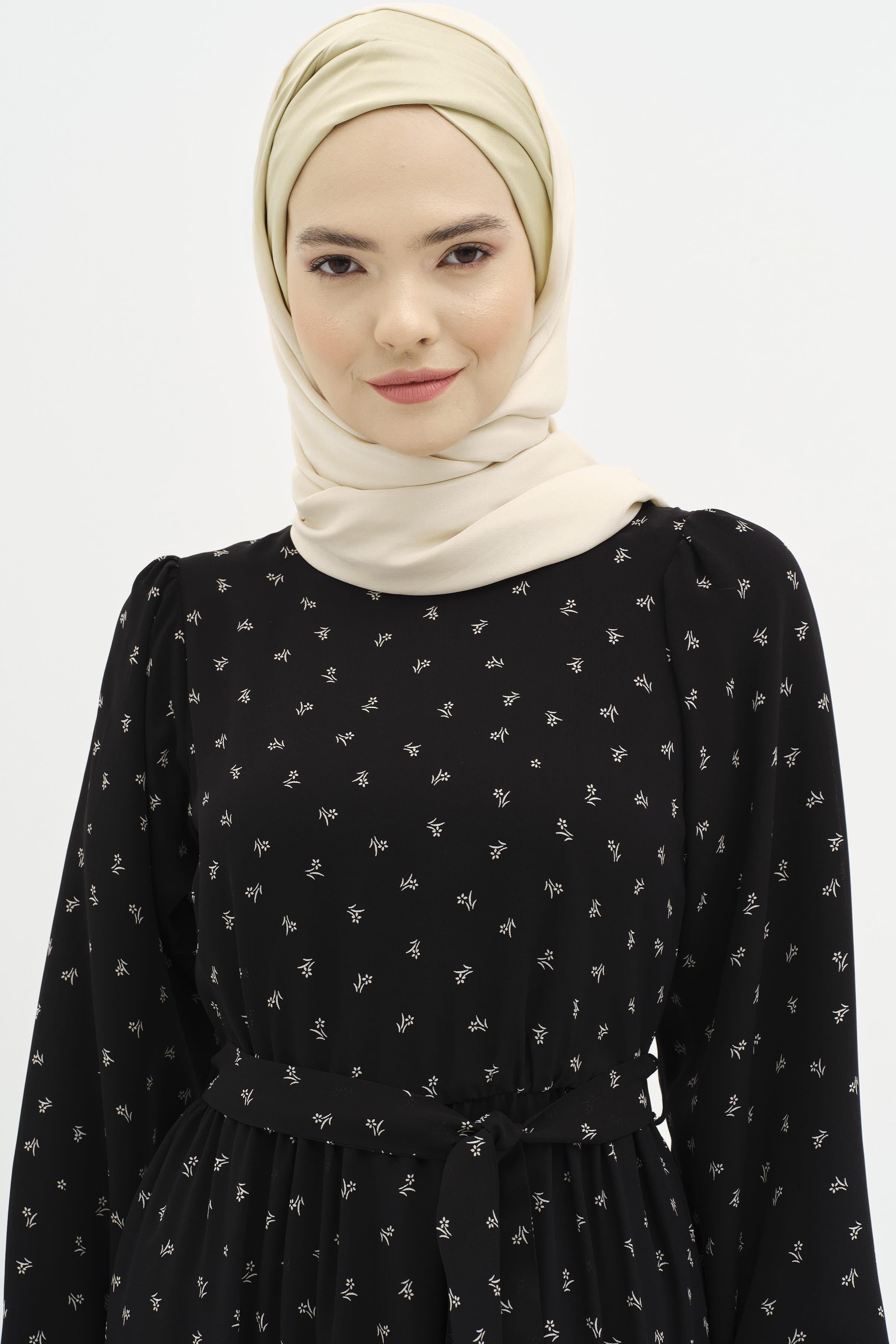 Mini Çiçek Desenli Şifon Elbise - Siyah TUGBA