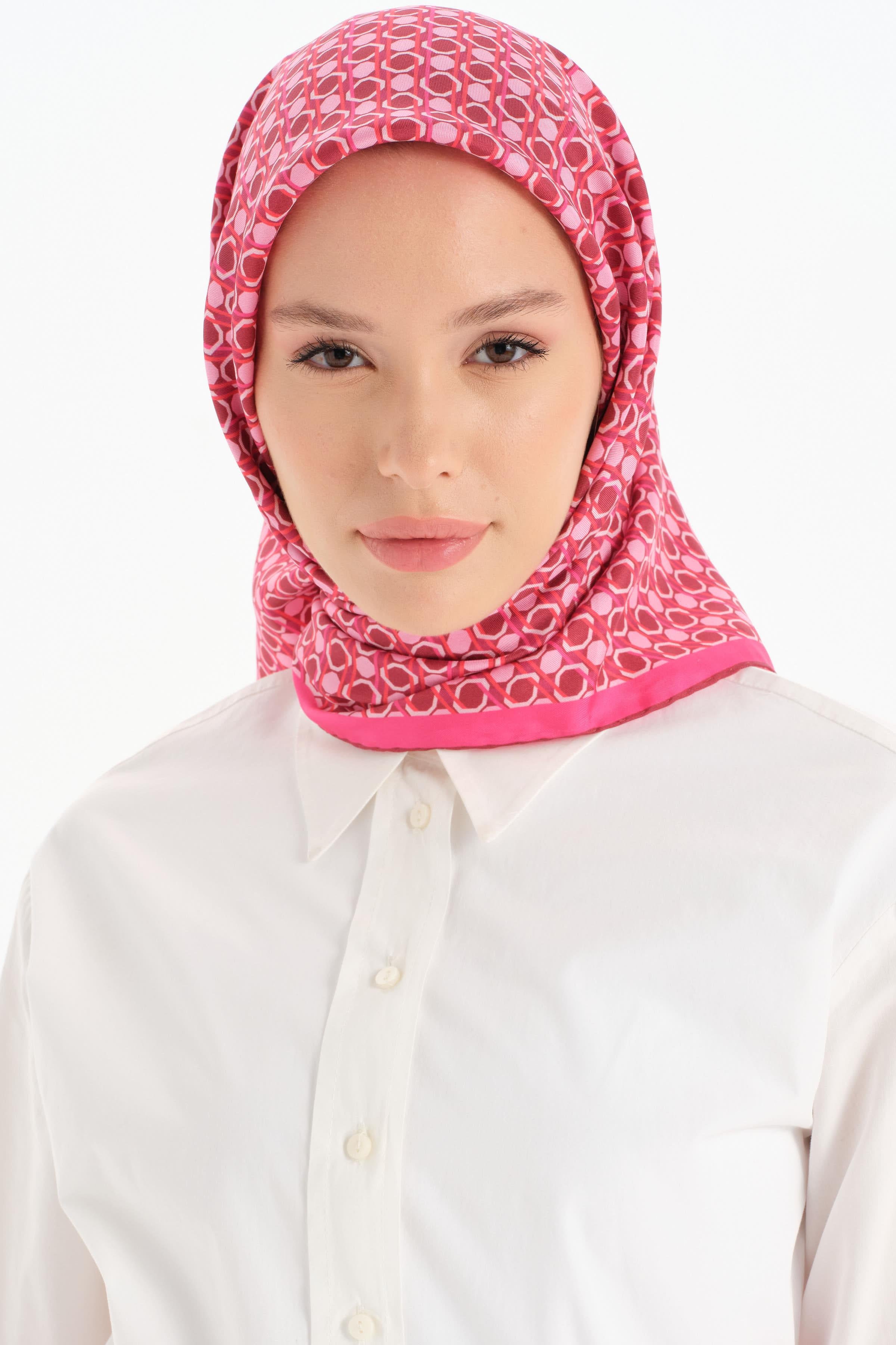 Mini Geometrik Desen Twill İpek Eşarp - Fuşya TUGBA