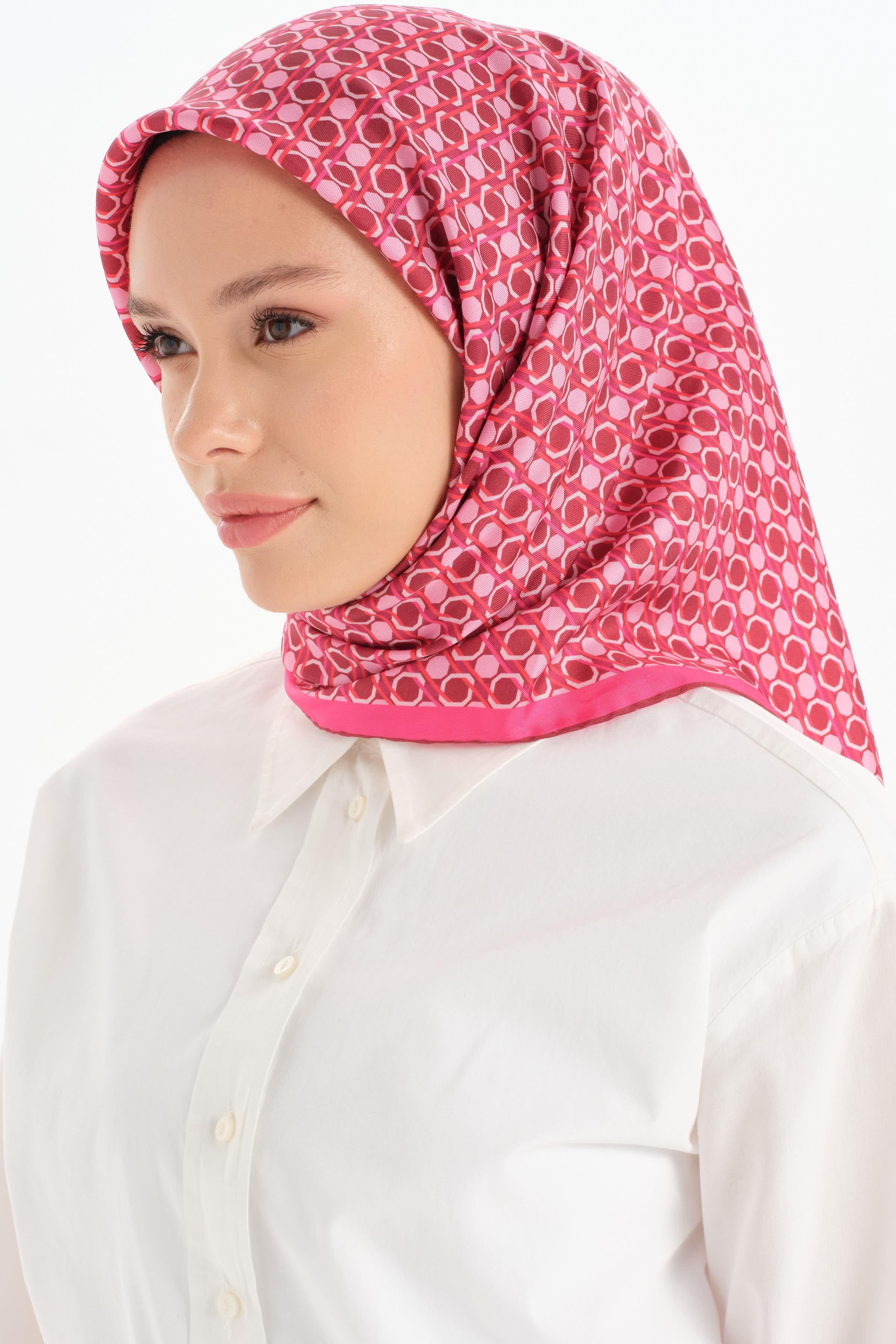 Mini Geometrik Desen Twill İpek Eşarp - Fuşya TUGBA