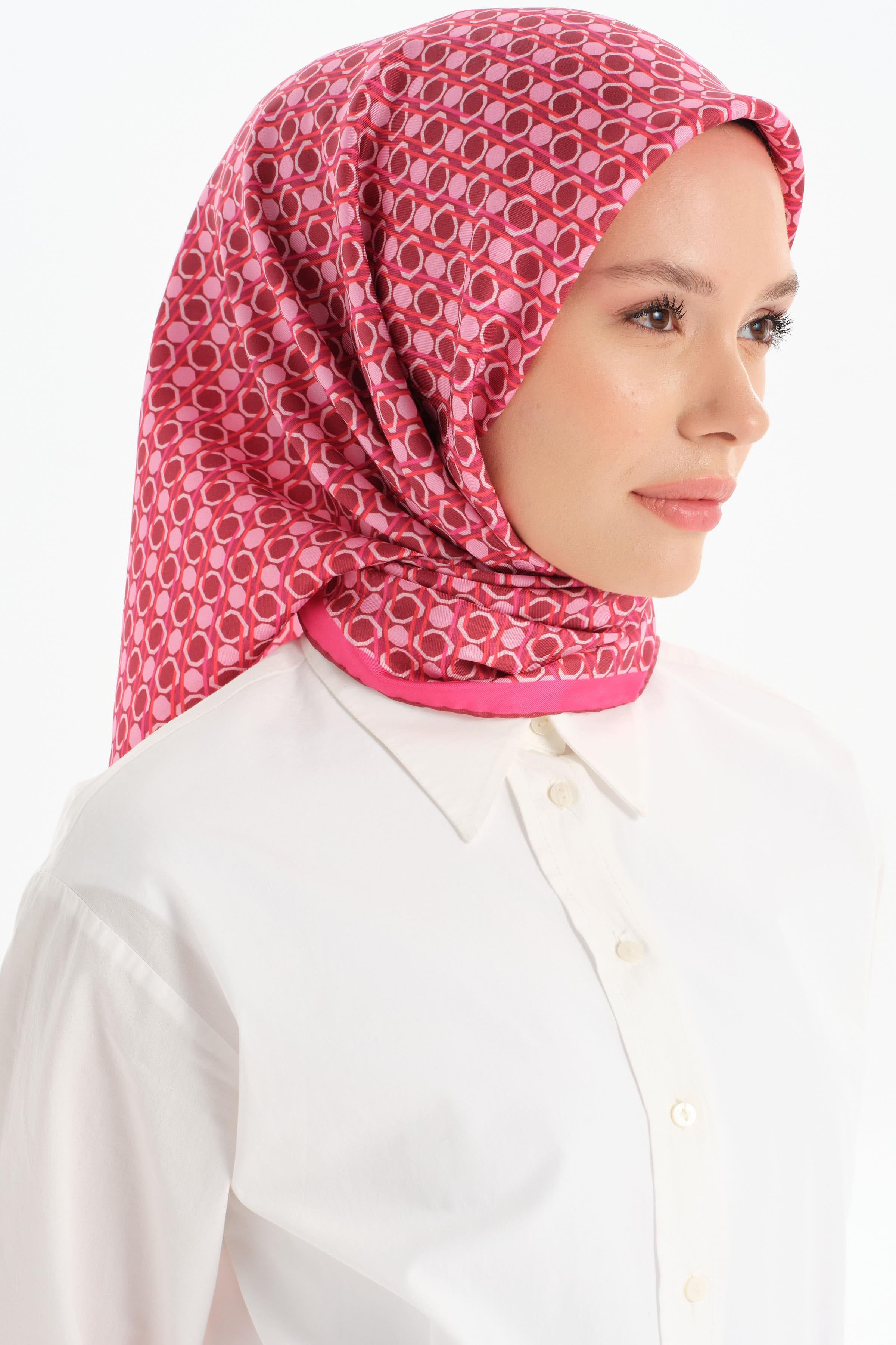 Mini Geometrik Desen Twill İpek Eşarp - Fuşya TUGBA