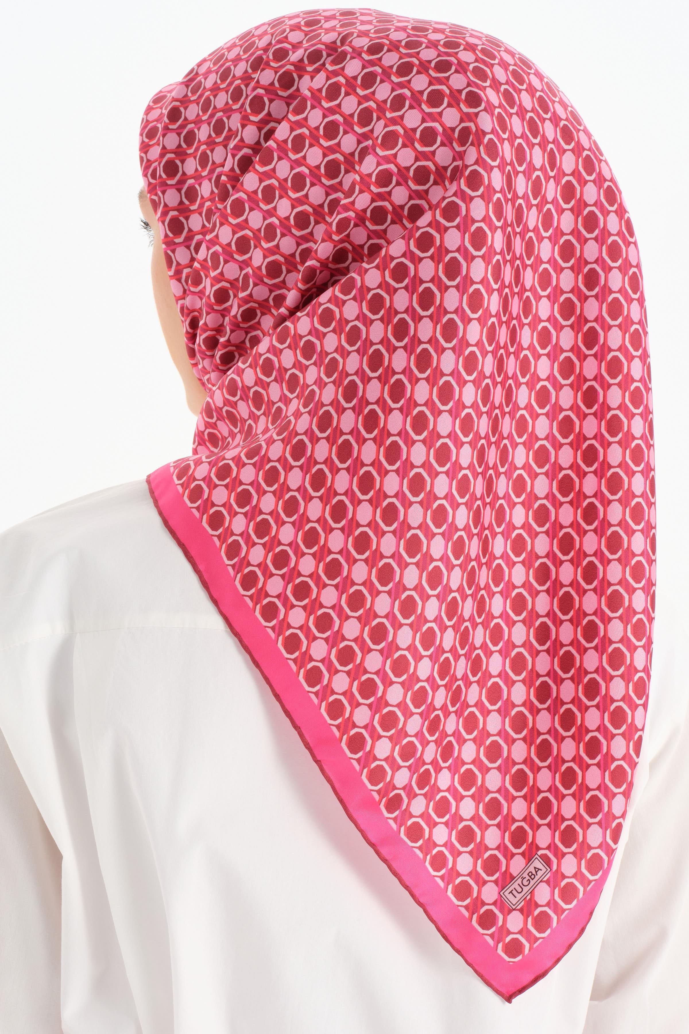 Mini Geometrik Desen Twill İpek Eşarp - Fuşya TUGBA