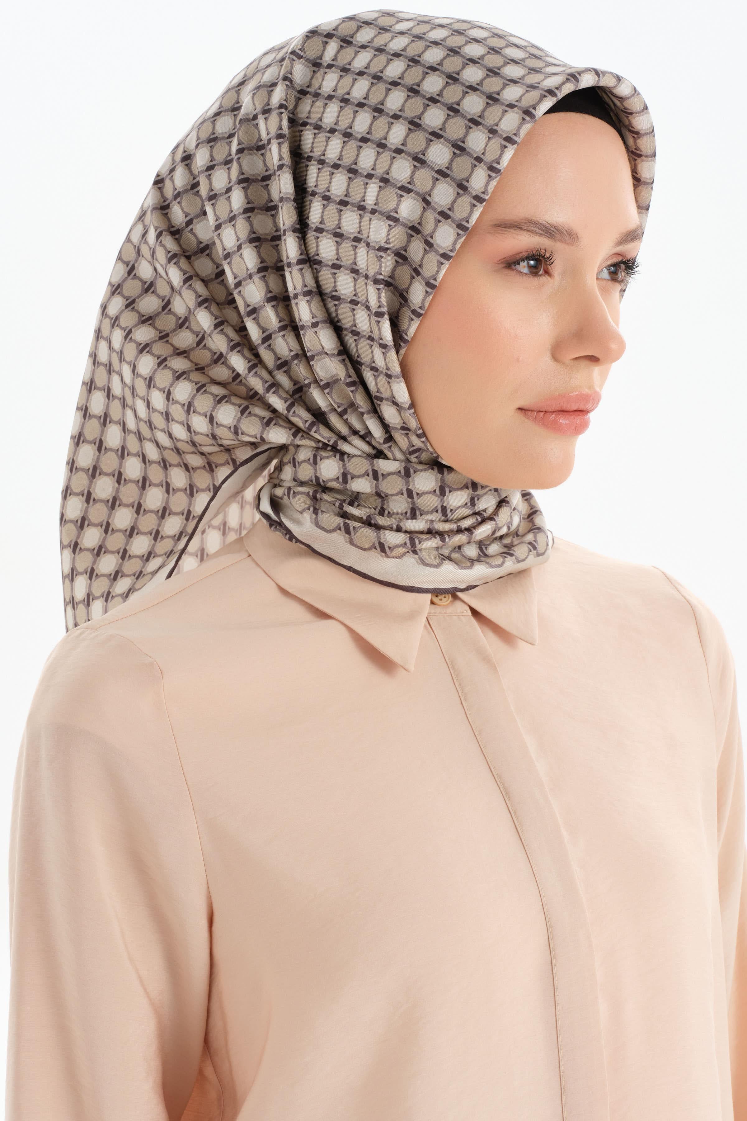 Mini Geometrik Desen Twill İpek Eşarp - Gri TUGBA