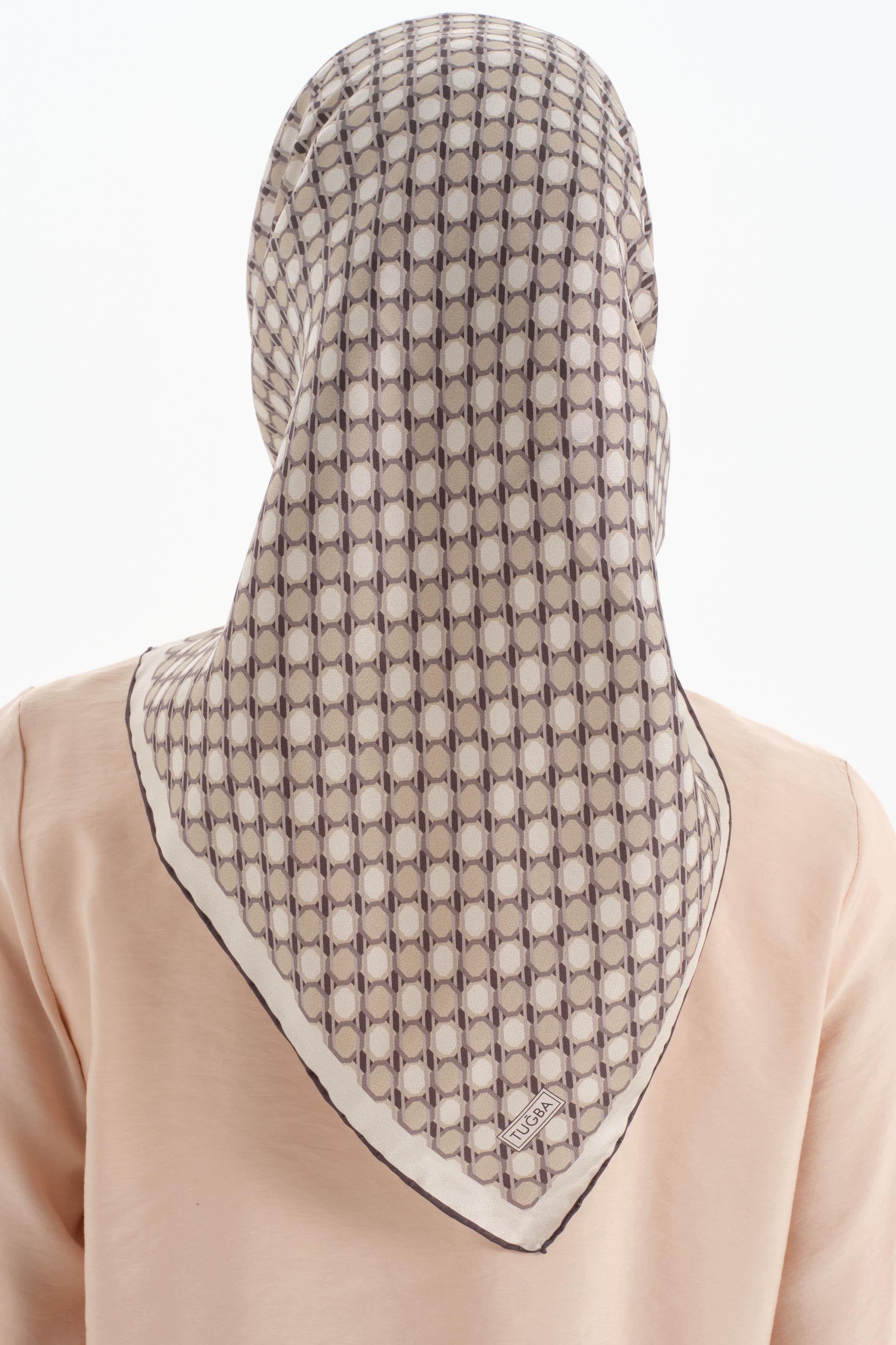 Mini Geometrik Desen Twill İpek Eşarp - Gri TUGBA