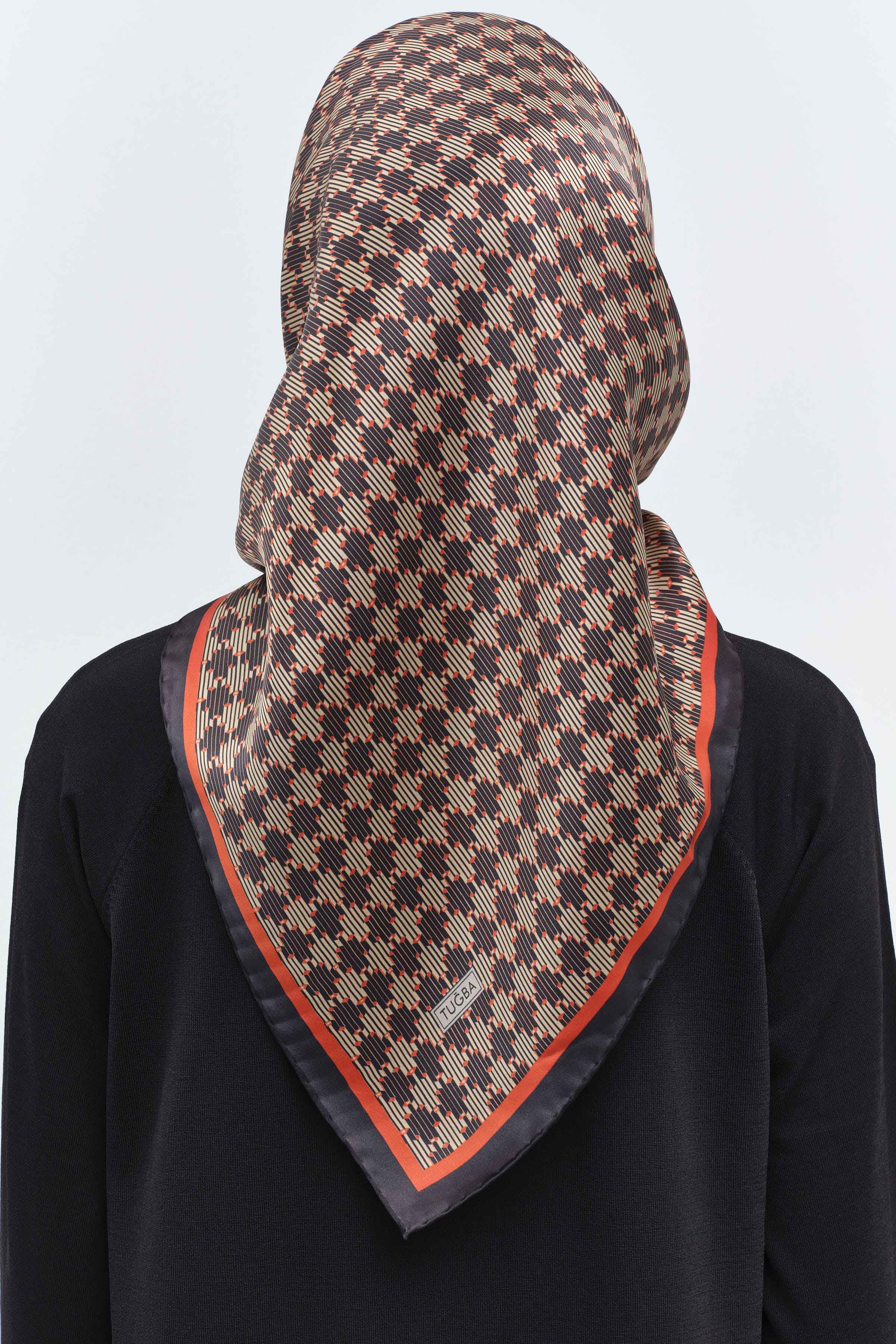 Mini Geometrik Desen İpek Eşarp - Kiremit TUGBA