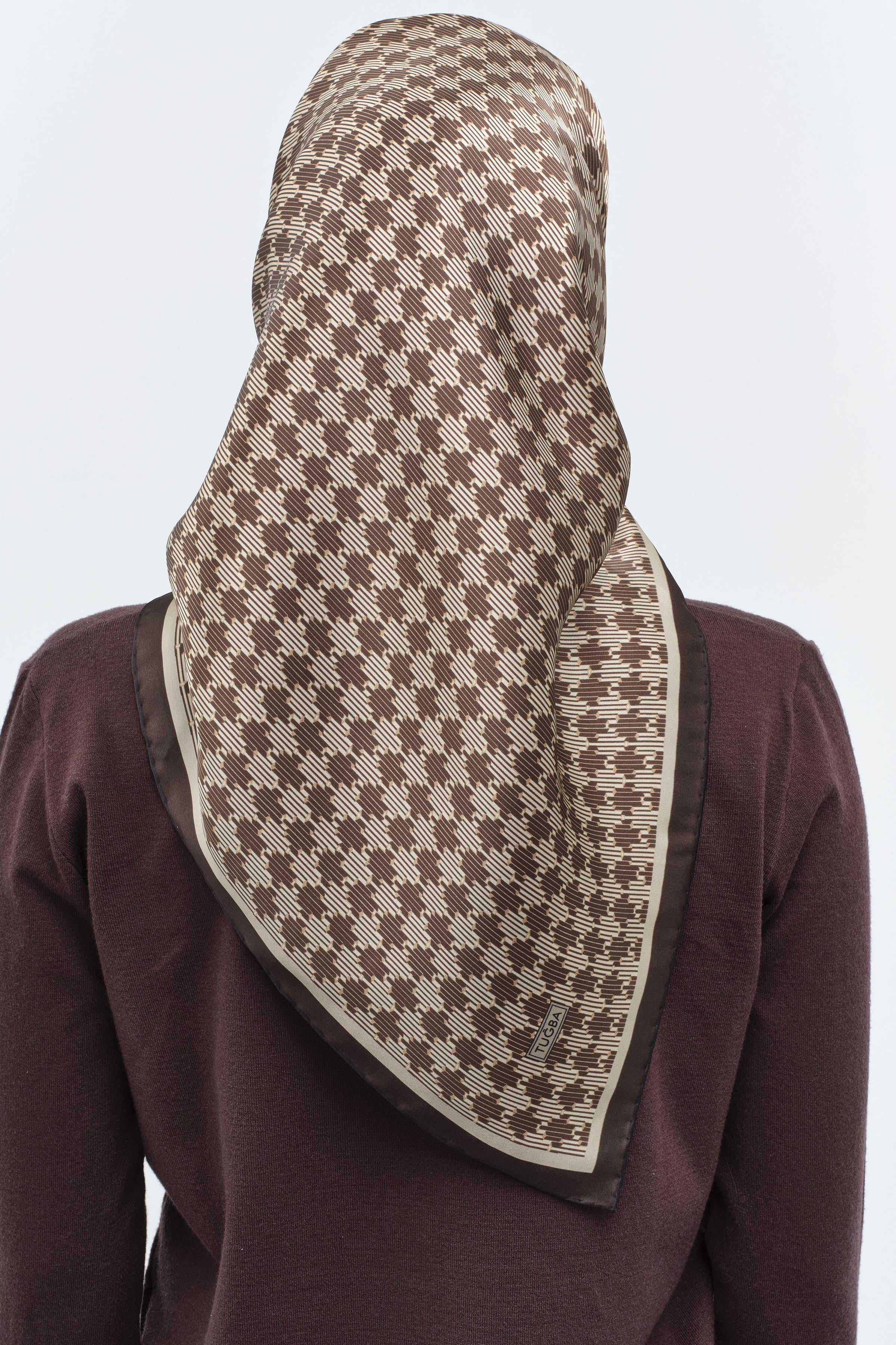 Mini Geometrik Desen İpek Eşarp - Gri TUGBA