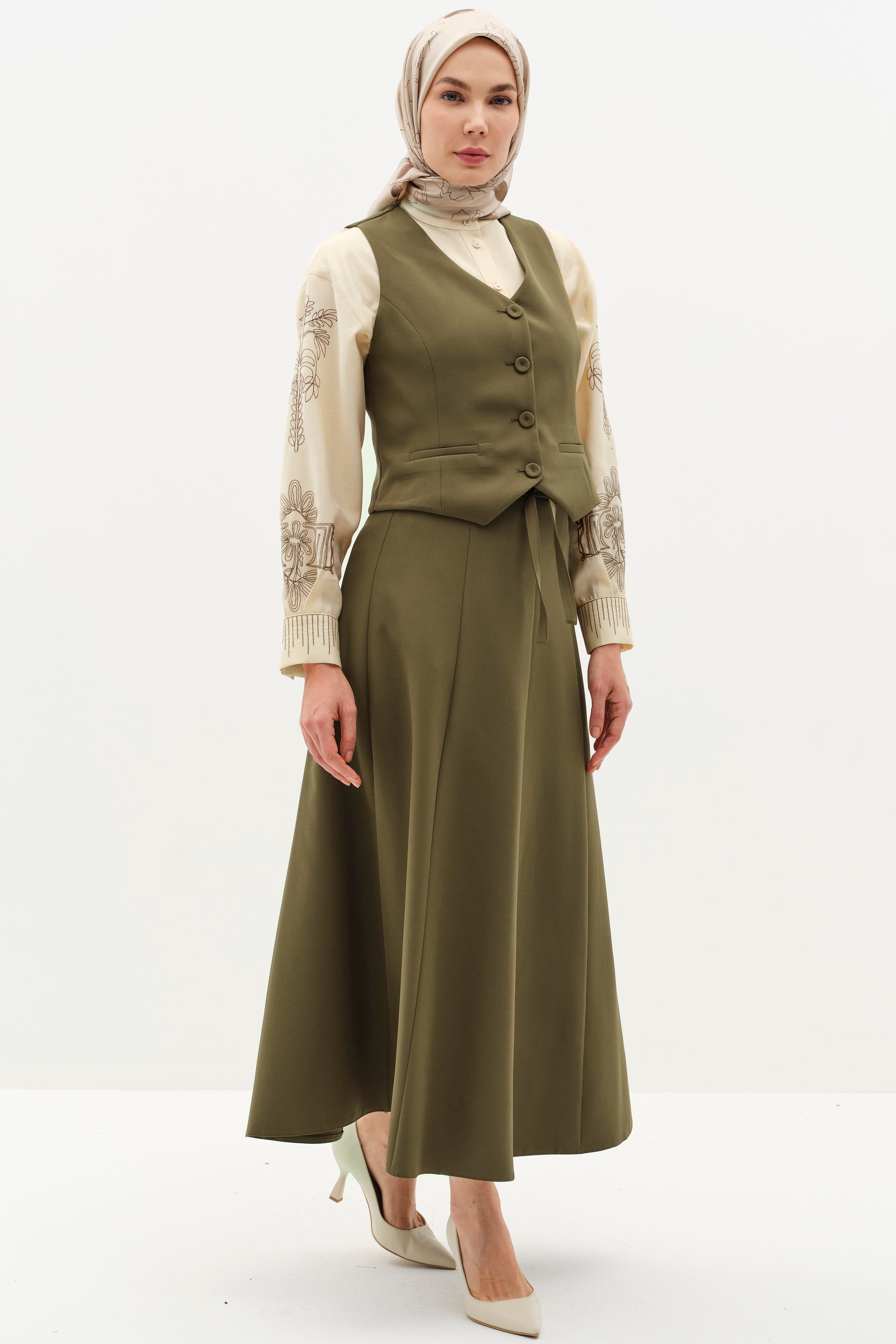 Mini Yelek Parçalı Etek Takım - Haki TUGBA