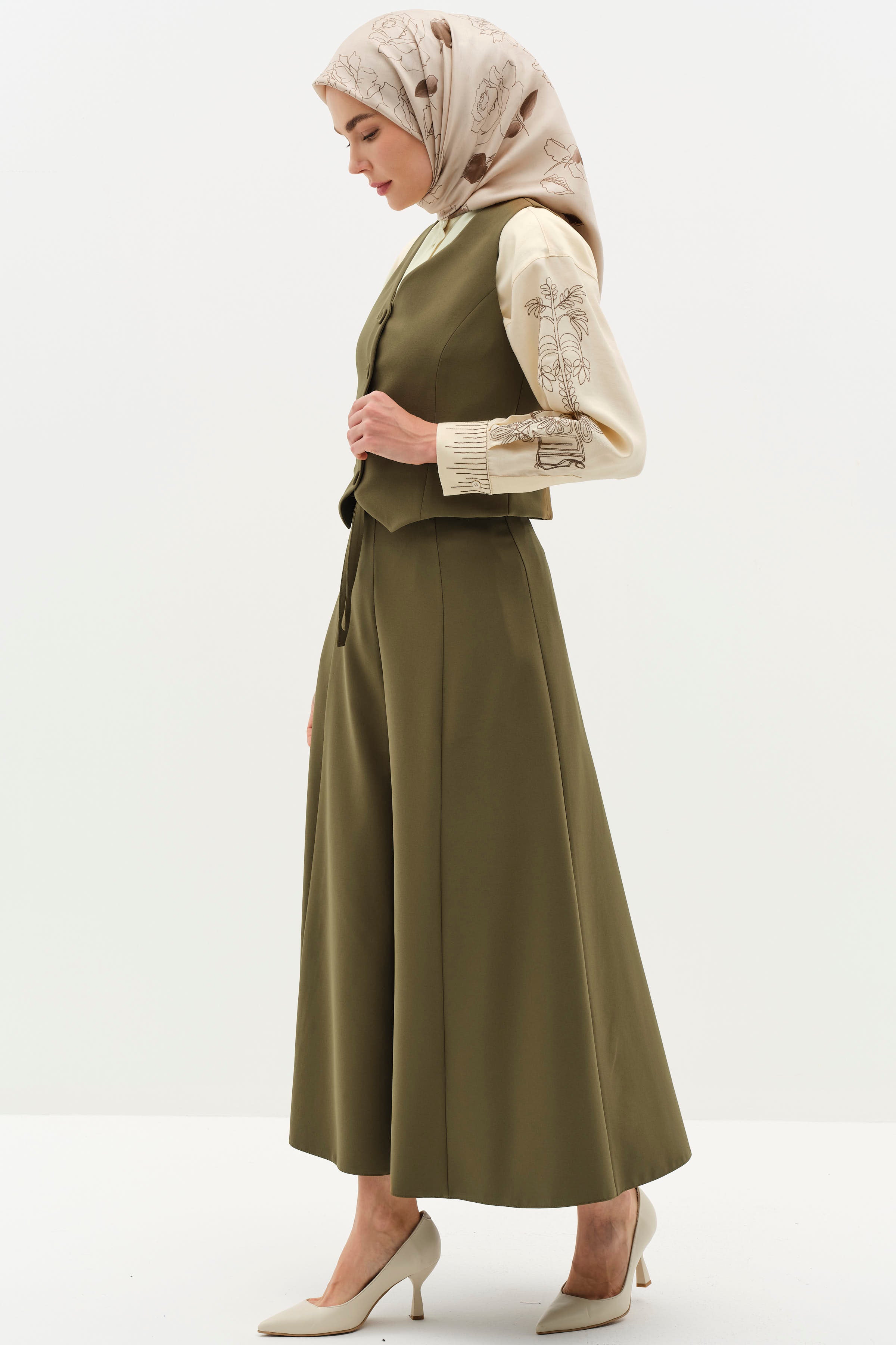 Mini Yelek Parçalı Etek Takım - Haki TUGBA