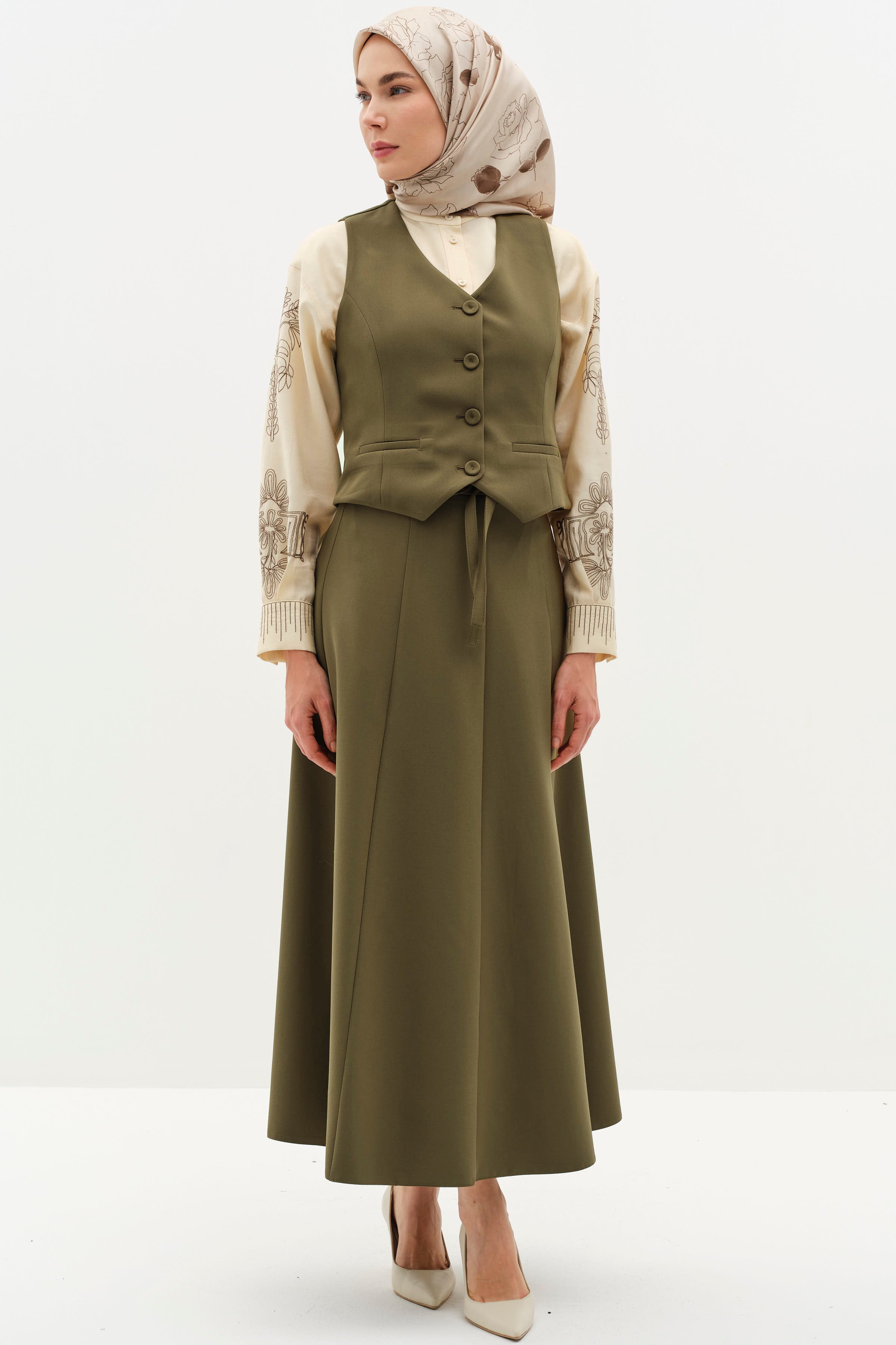 Mini Yelek Parçalı Etek Takım - Haki TUGBA