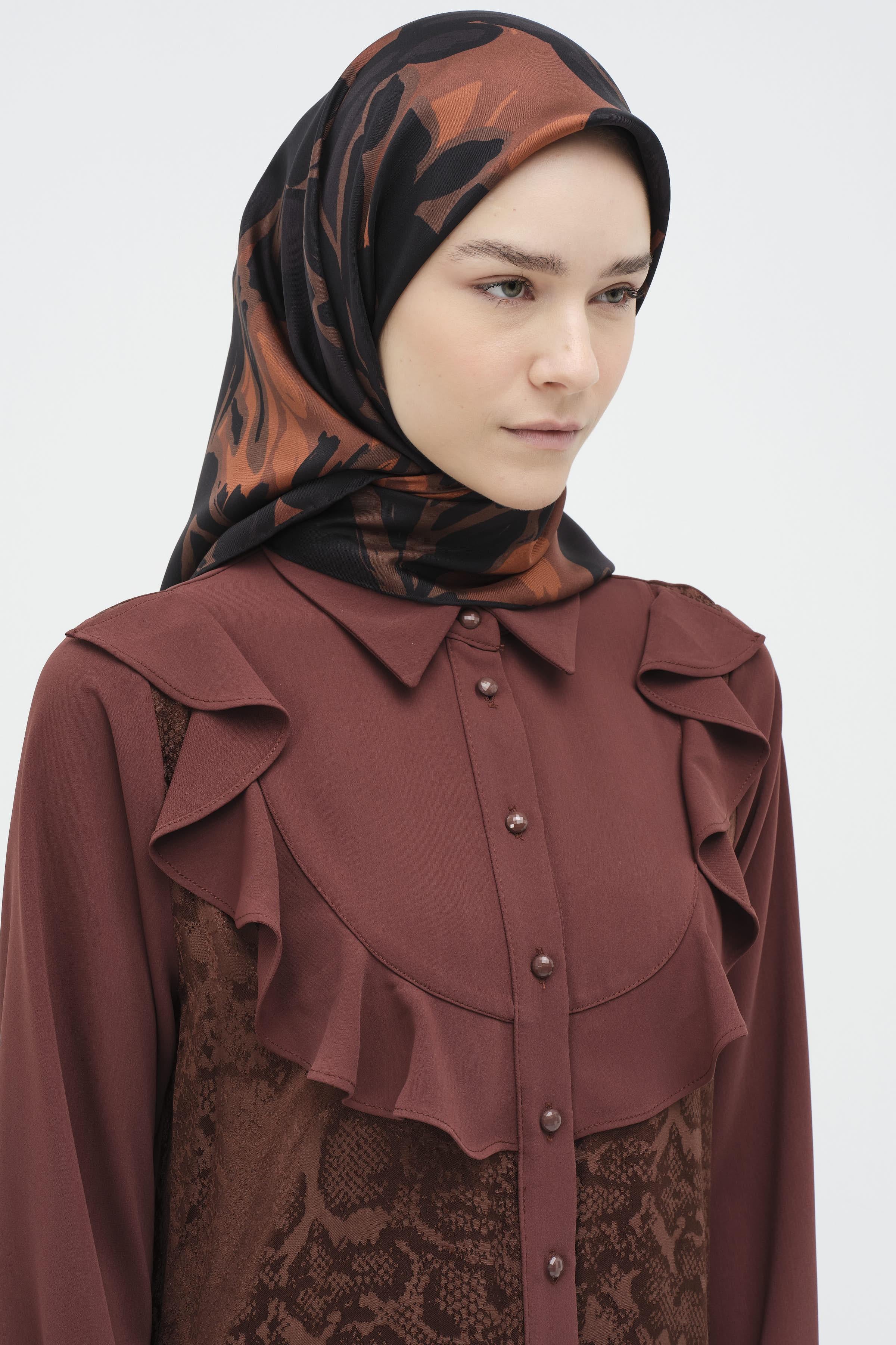 Multi Flower Desenli Sura İpek Eşarp - Acı Kahve TUGBA