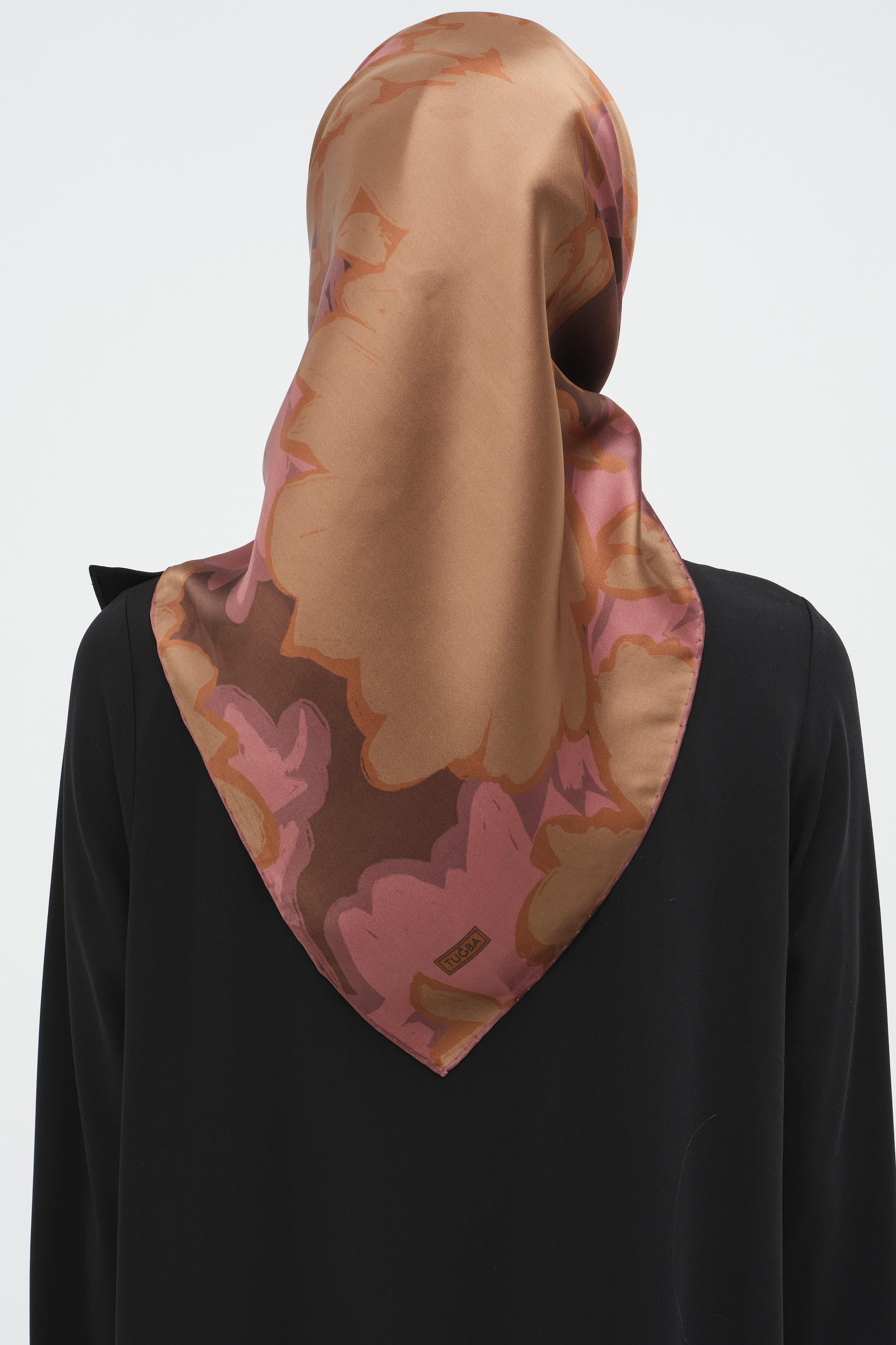 Multi Flower Desenli Sura İpek Eşarp - Gül Kurusu TUGBA