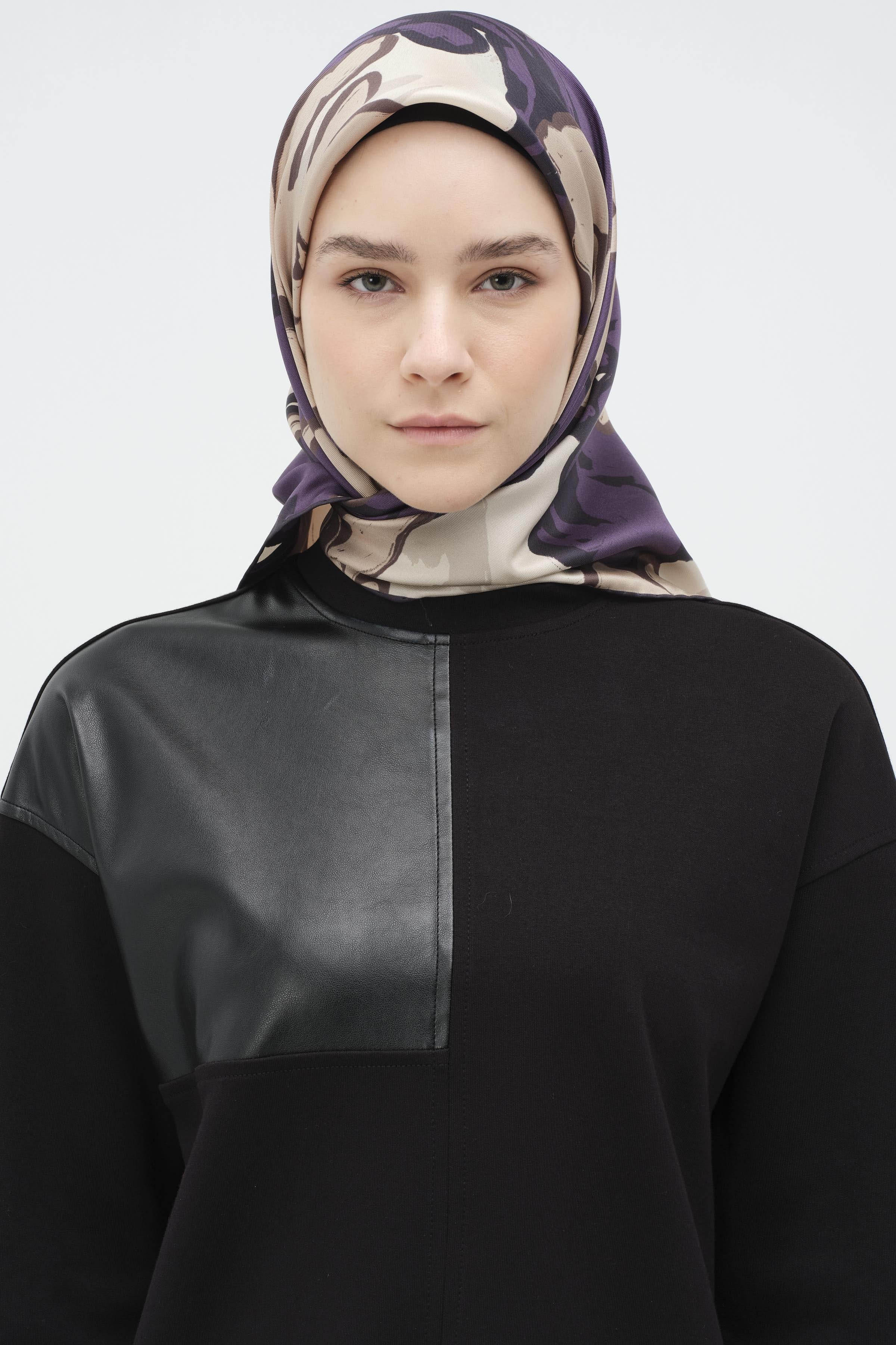 Multi Flower Desenli Twill İpek Eşarp - Ekru - Mor TUGBA