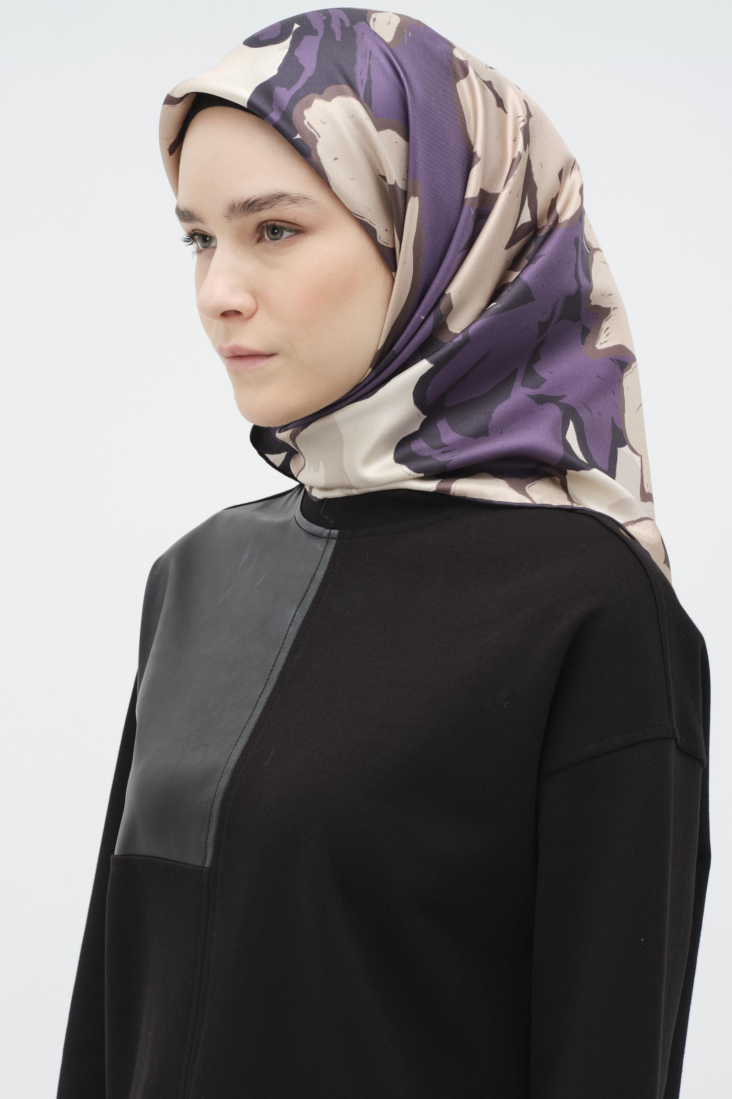 Multi Flower Desenli Twill İpek Eşarp - Ekru - Mor TUGBA