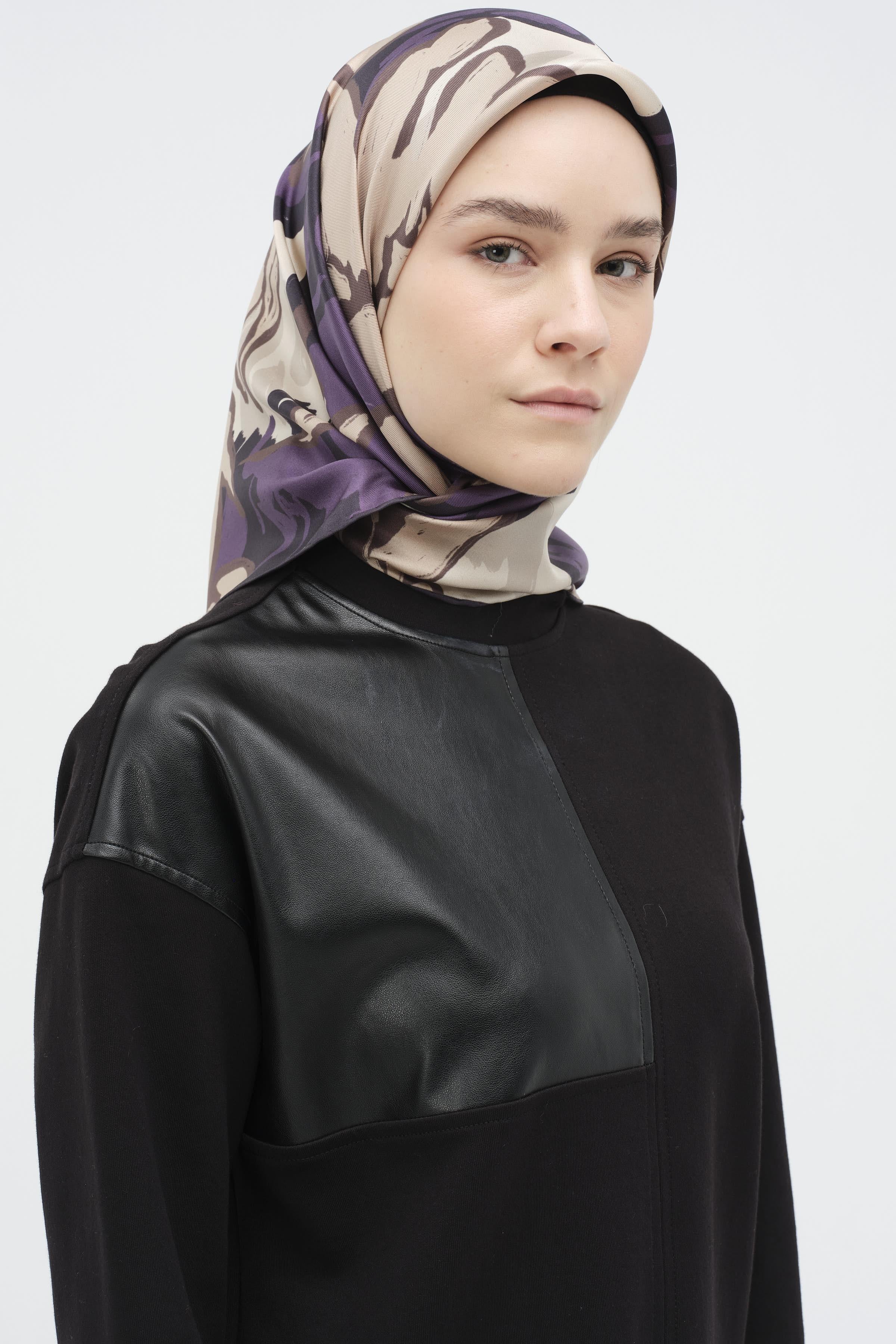 Multi Flower Desenli Twill İpek Eşarp - Ekru - Mor TUGBA