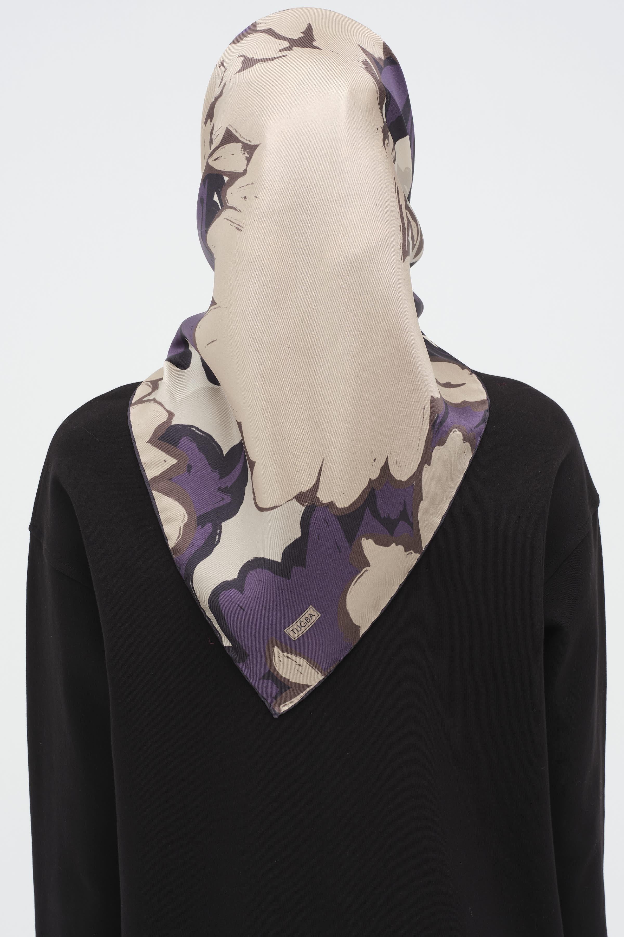 Multi Flower Desenli Twill İpek Eşarp - Ekru - Mor TUGBA