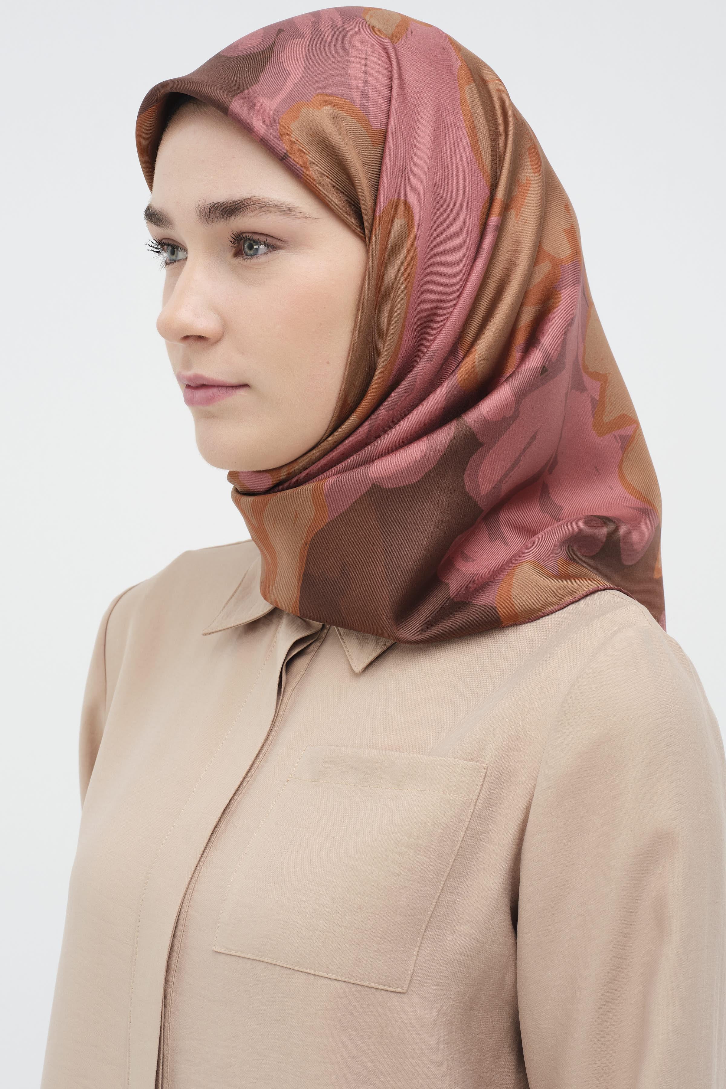 Multi Flower Desenli Twill İpek Eşarp - Gül Kurusu TUGBA