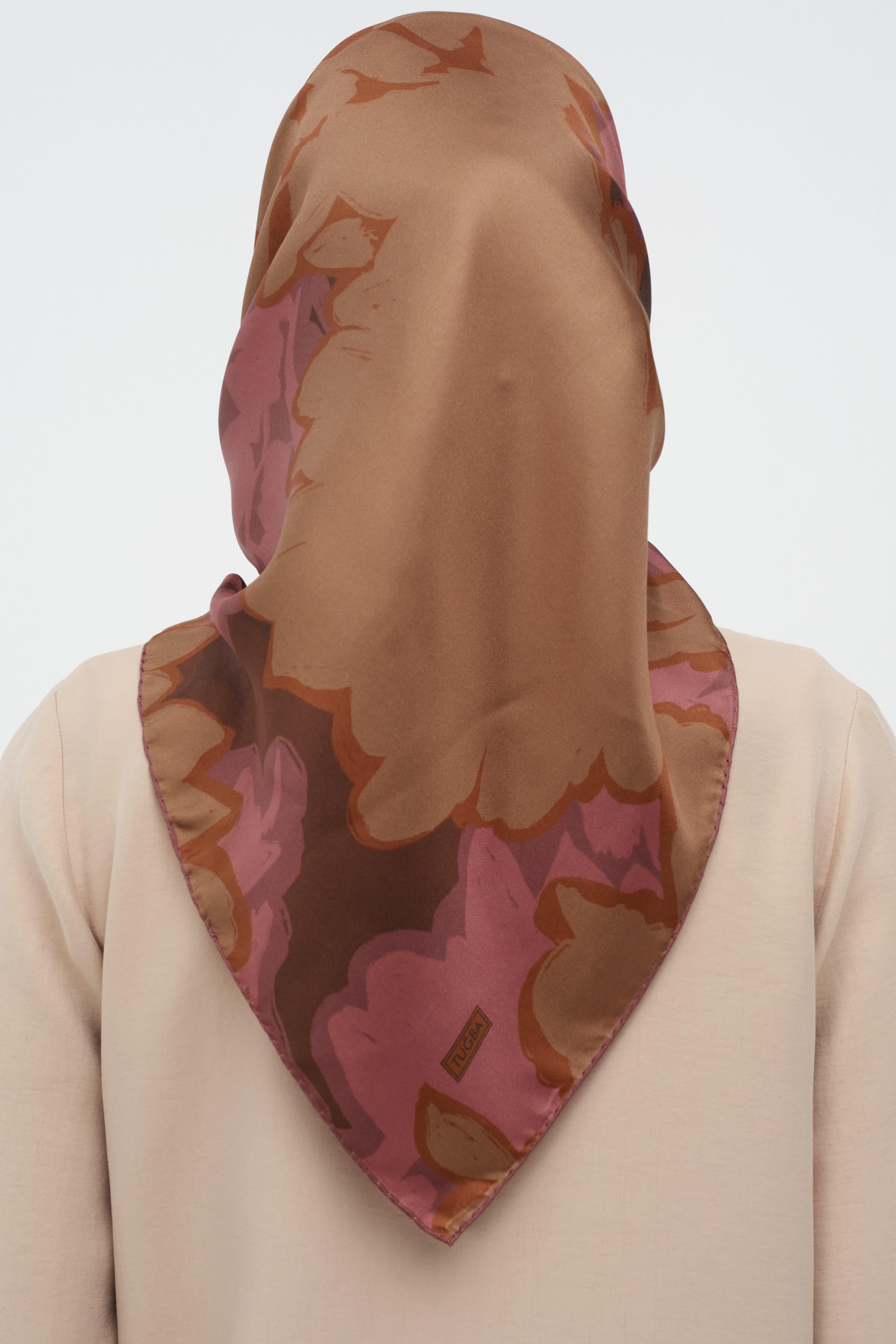 Multi Flower Desenli Twill İpek Eşarp - Gül Kurusu TUGBA