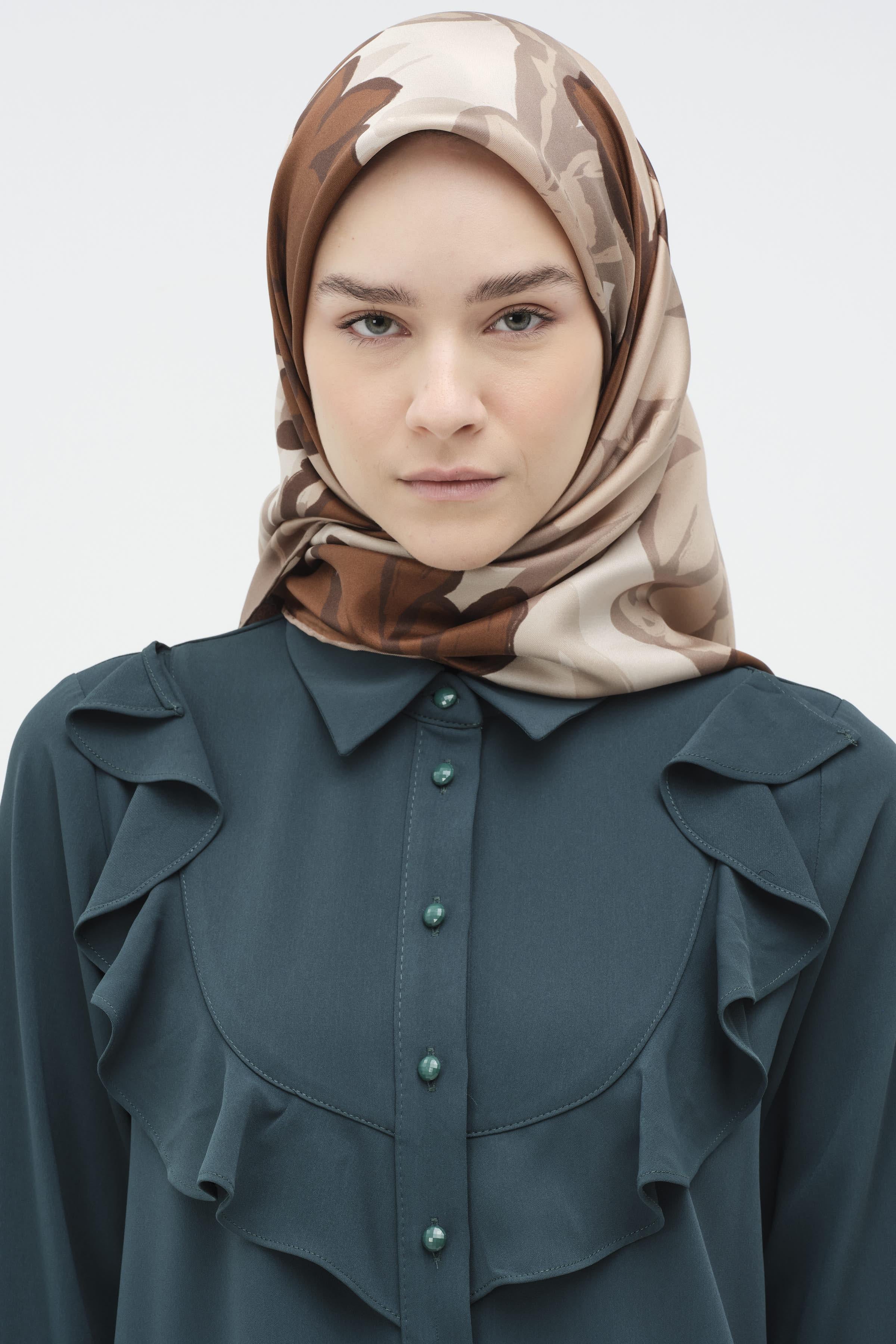 Multi Flower Desenli Twill İpek Eşarp - Kahve TUGBA