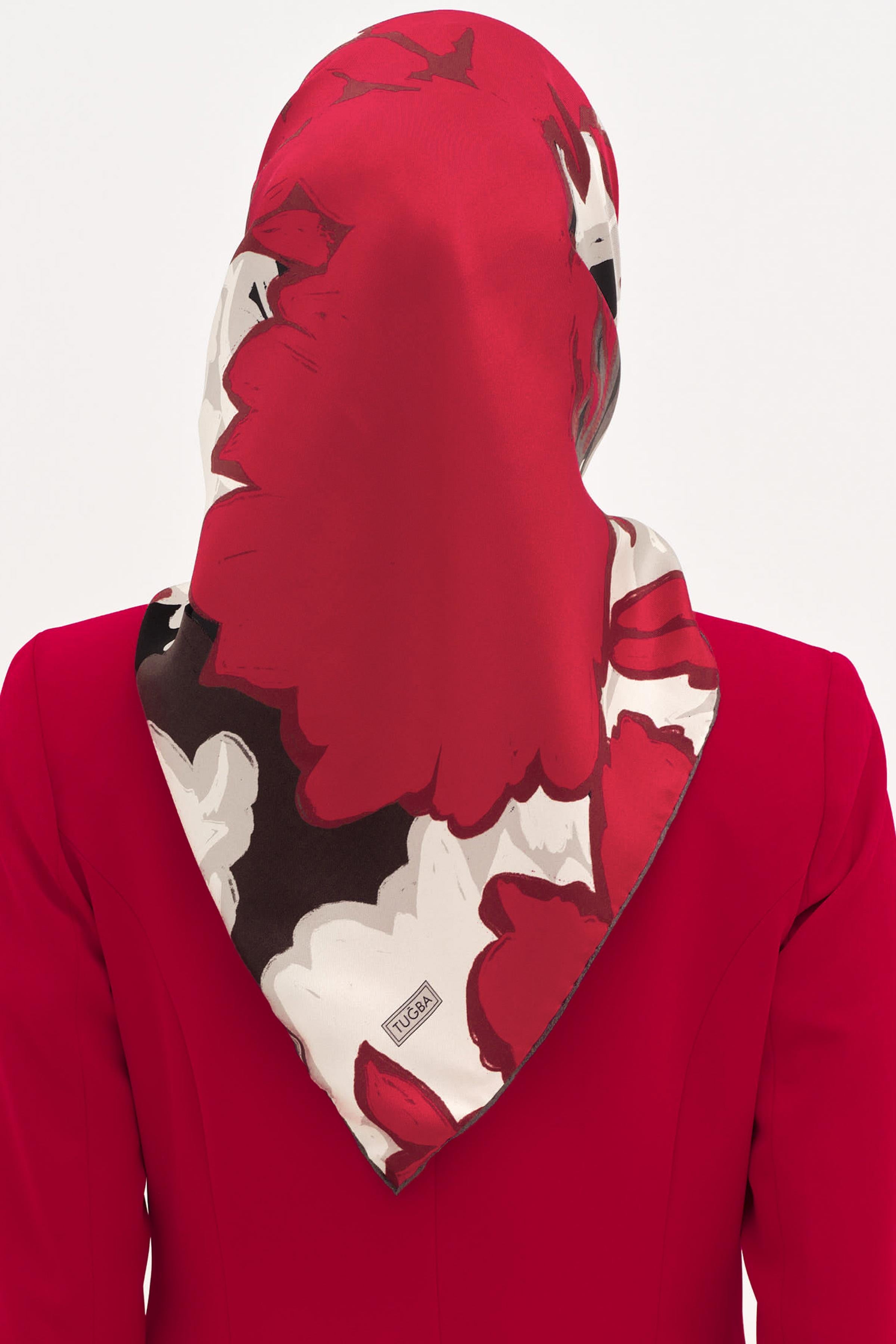 Multi Flower Desenli Twill İpek Eşarp - Kırmızı TUGBA