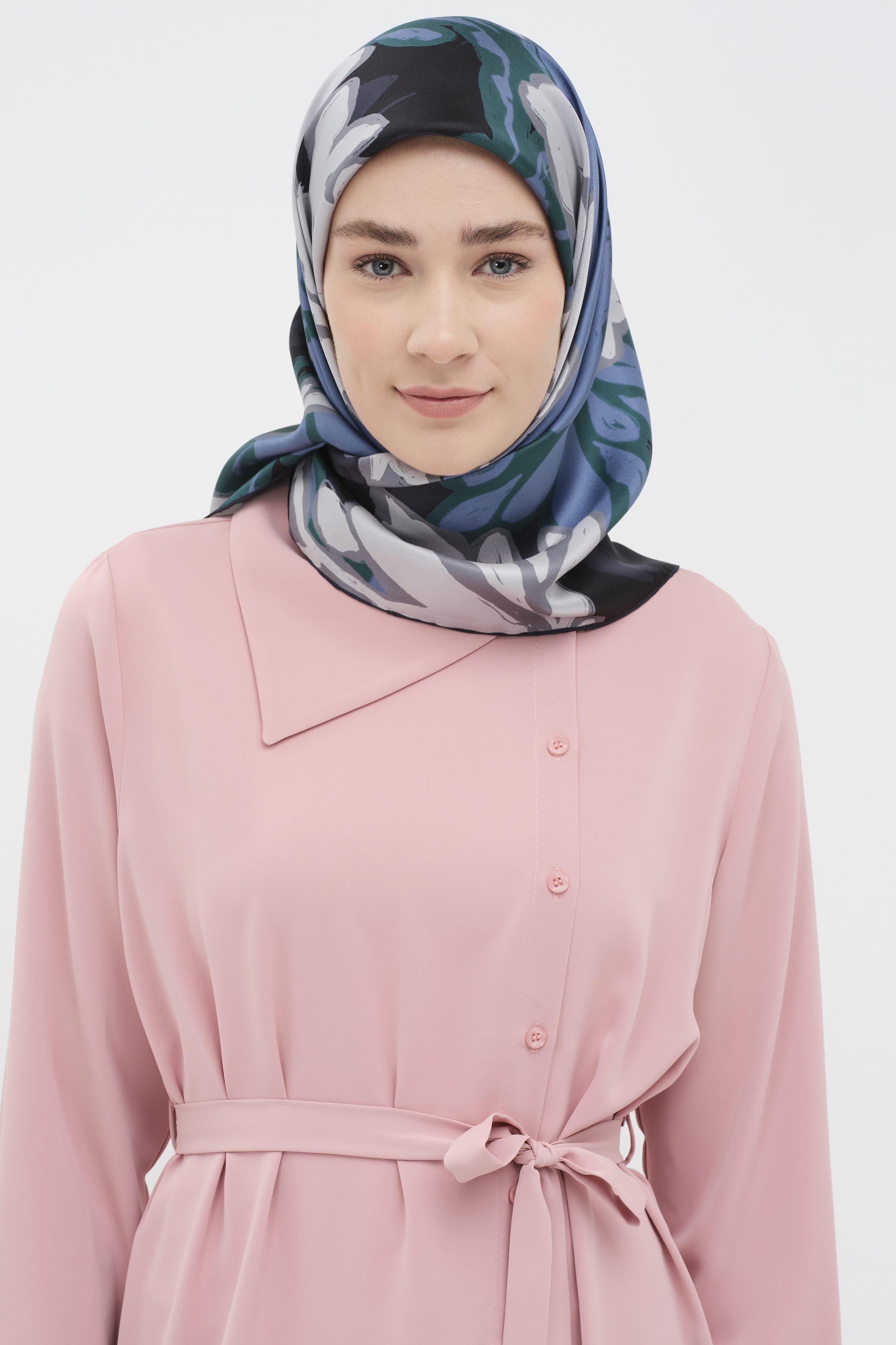 Multi Flower Desenli Twill İpek Eşarp - Mavi TUGBA