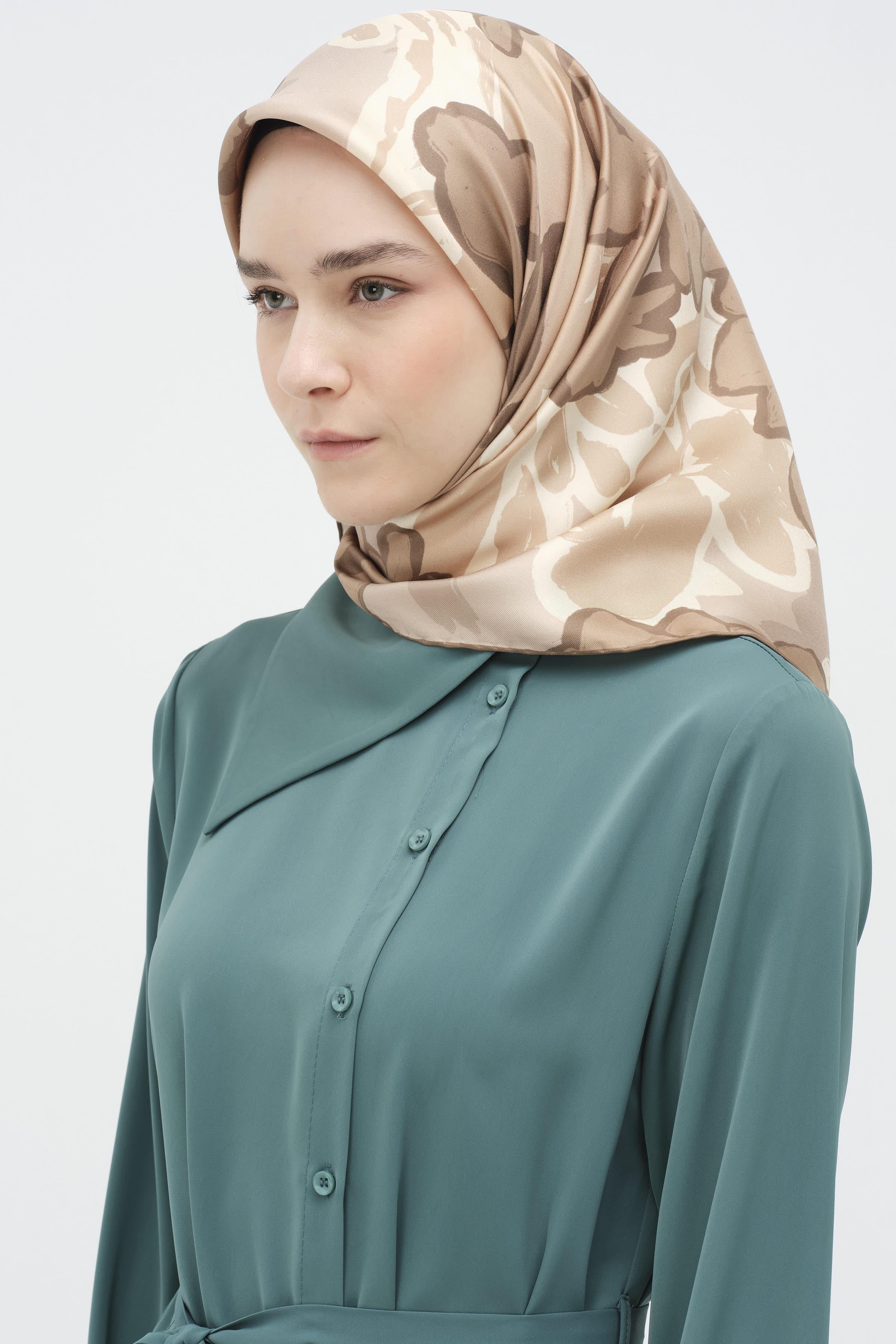 Multi Flower Desenli Twill İpek Eşarp - Vizon TUGBA