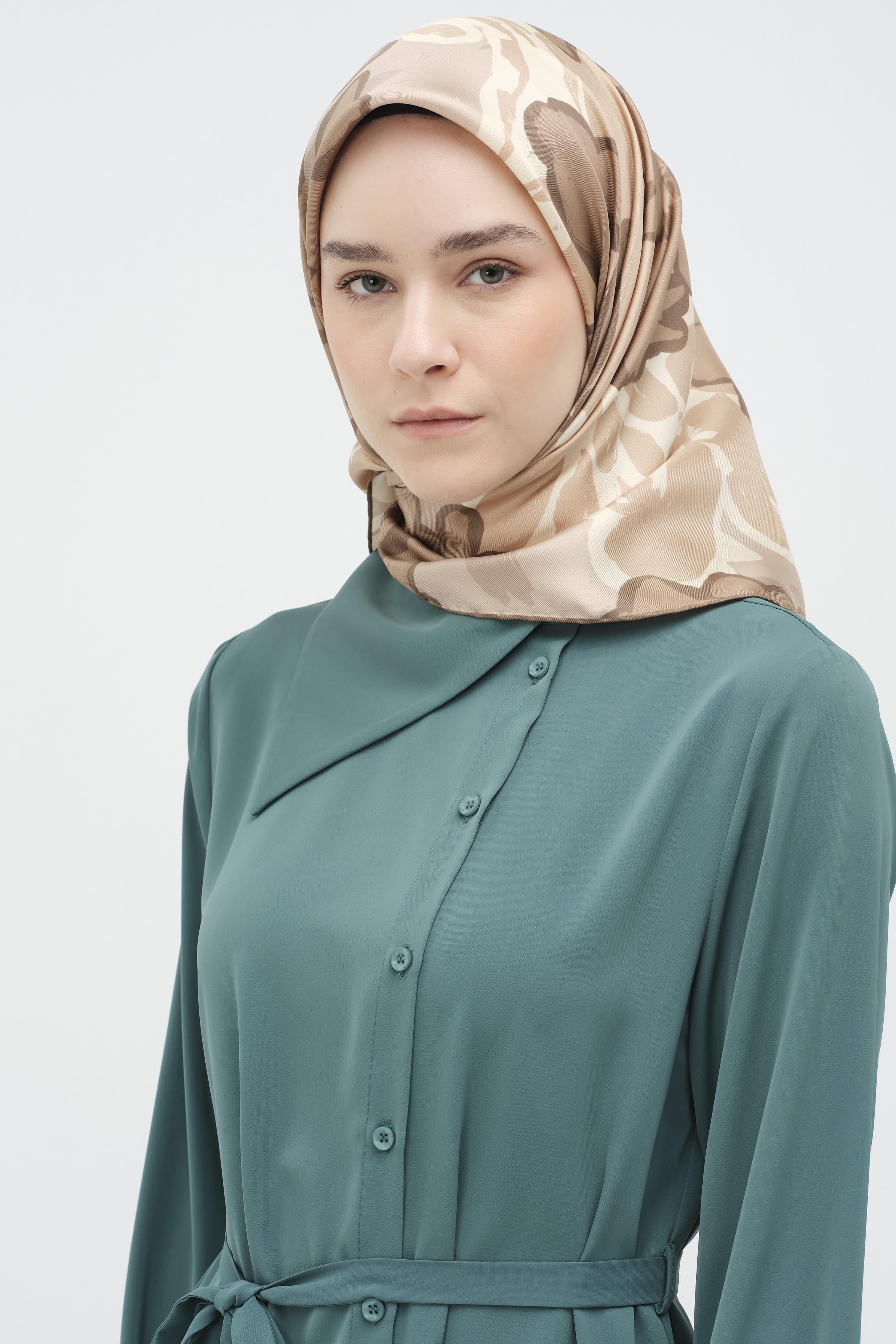 Multi Flower Desenli Twill İpek Eşarp - Vizon TUGBA