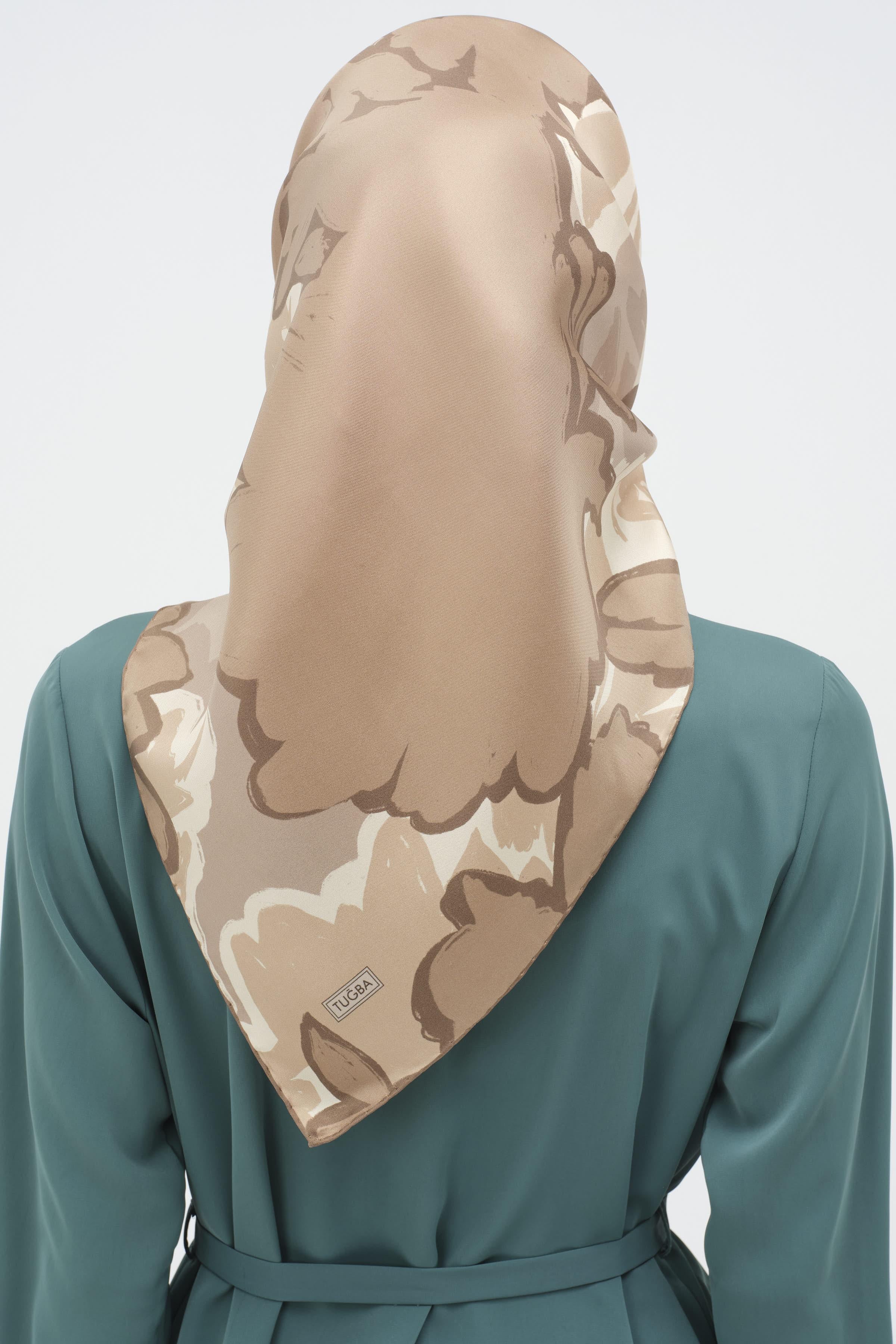 Multi Flower Desenli Twill İpek Eşarp - Vizon TUGBA