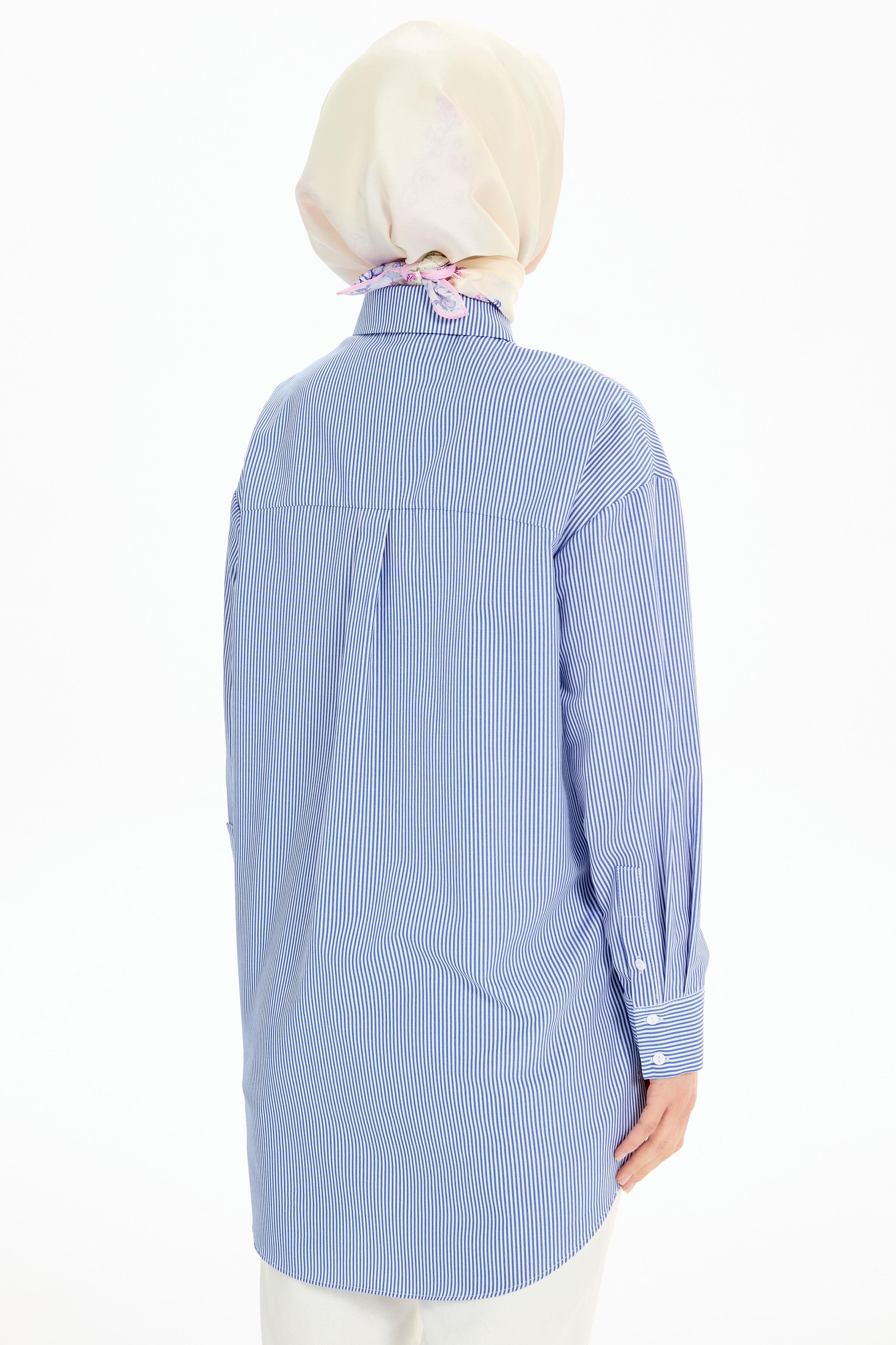 Nakış Detaylı Çizgili Tunik - Lacivert TUGBA