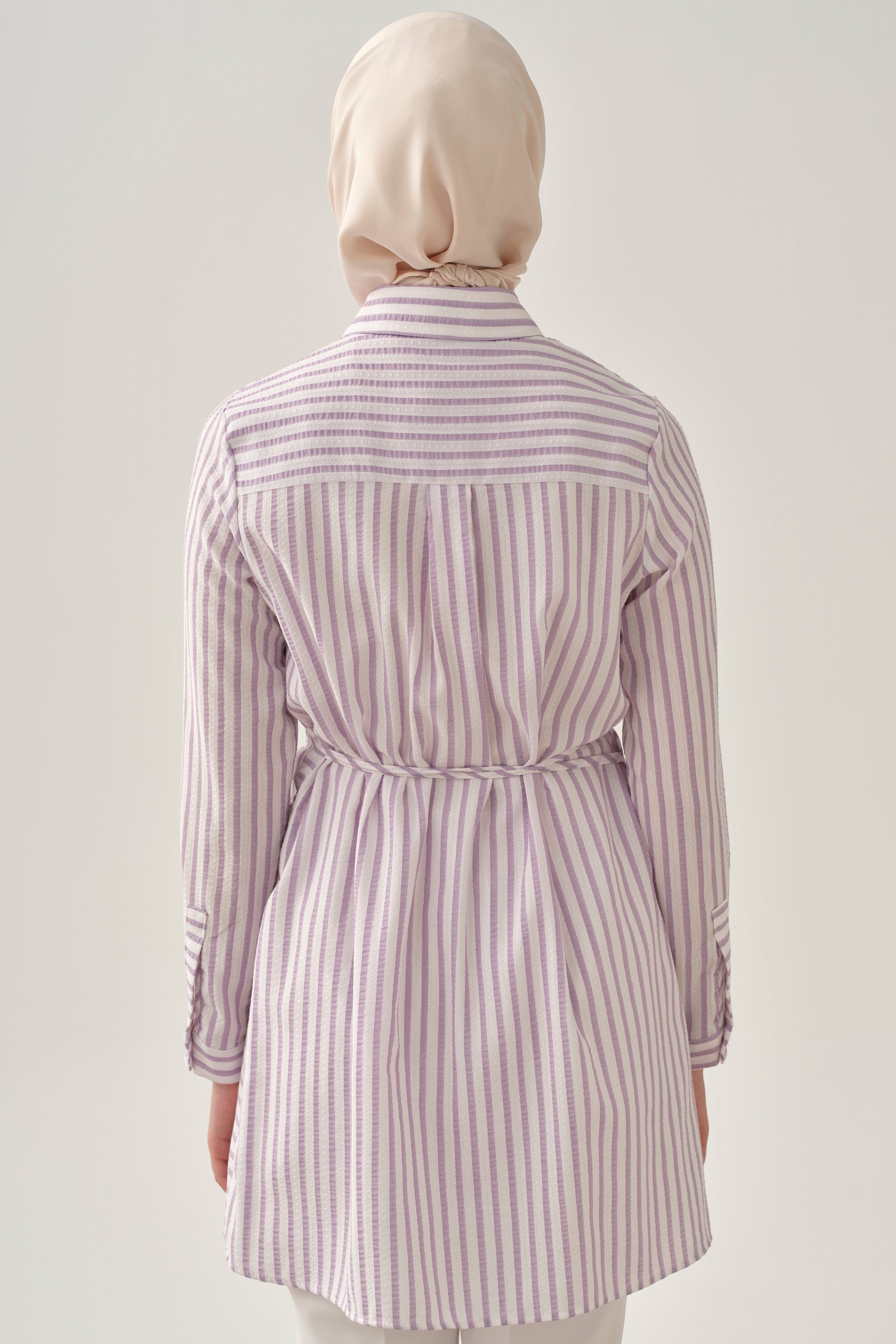 Nakış Detaylı Çizgili Tunik - Lila TUGBA