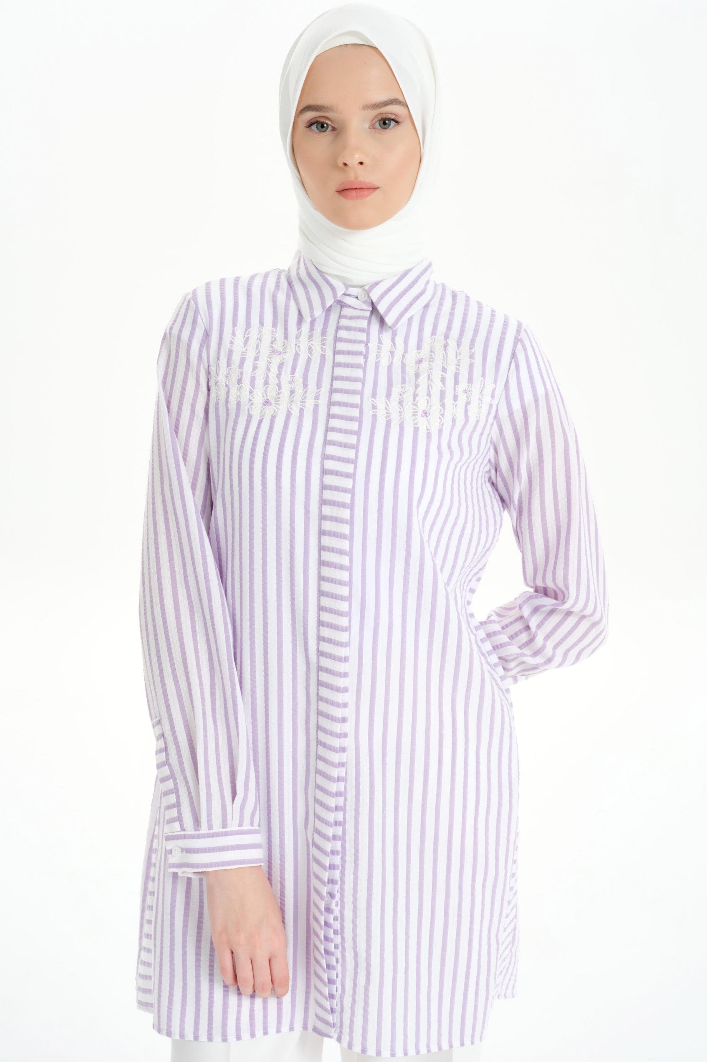 Nakış Detaylı Çizgili Tunik - Lila TUGBA