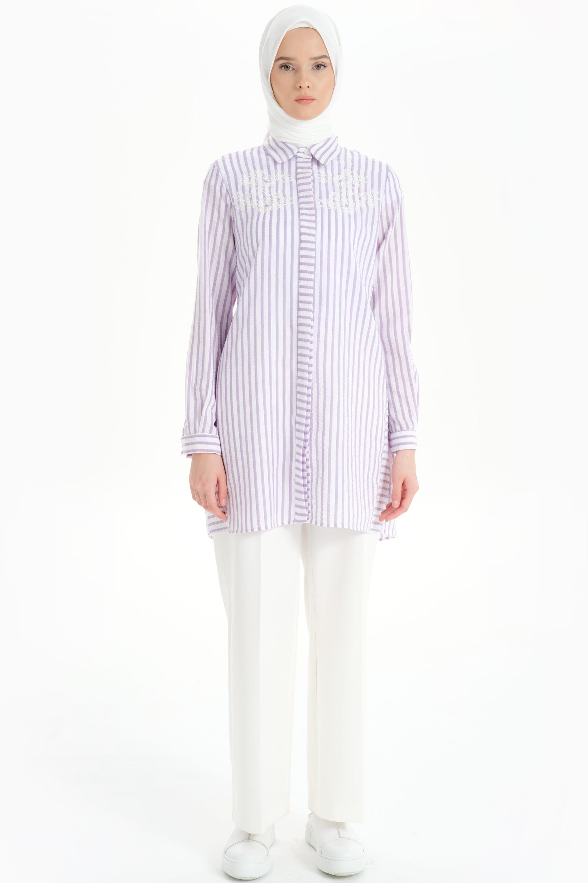 Nakış Detaylı Çizgili Tunik - Lila TUGBA