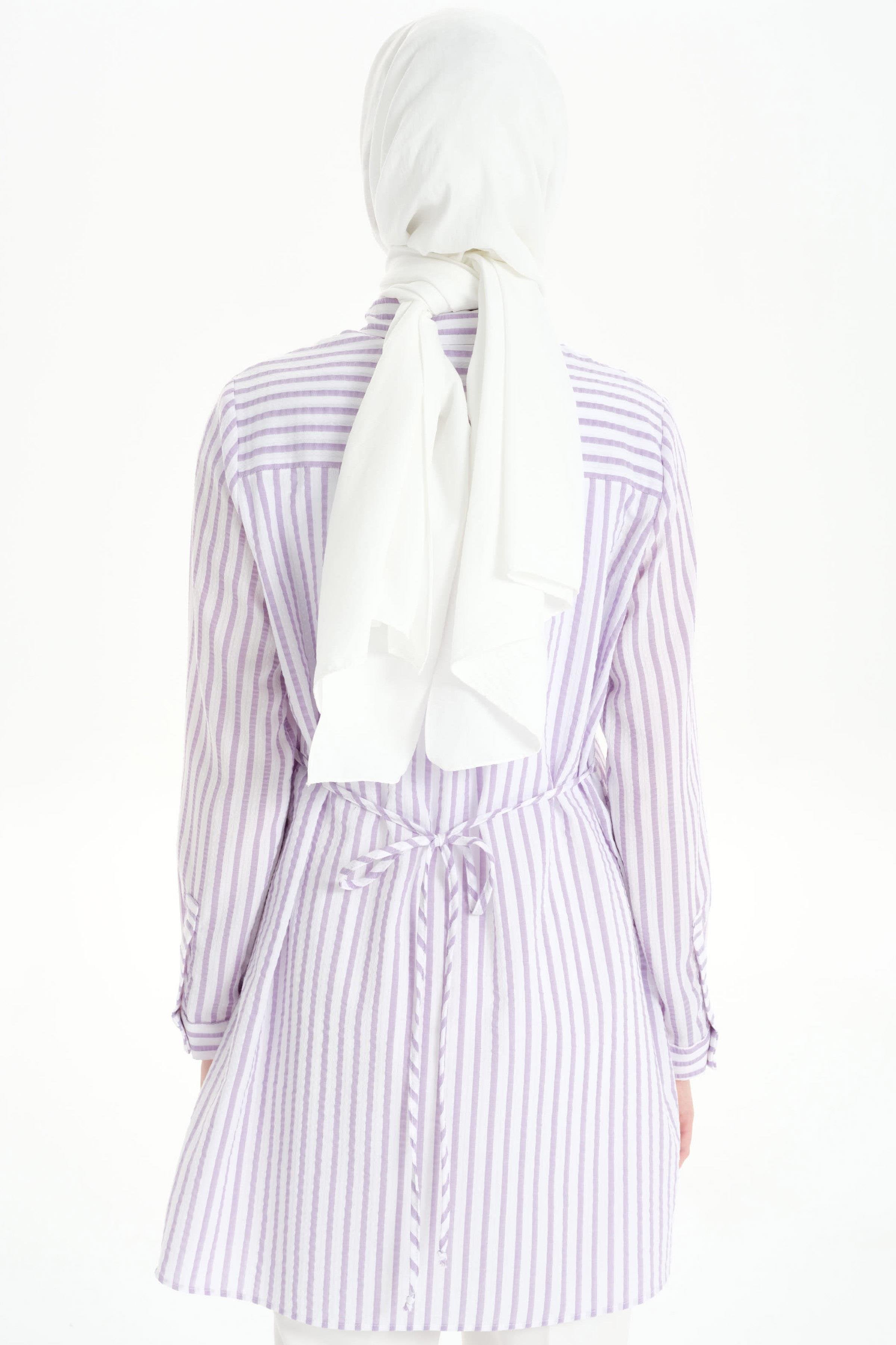 Nakış Detaylı Çizgili Tunik - Lila TUGBA