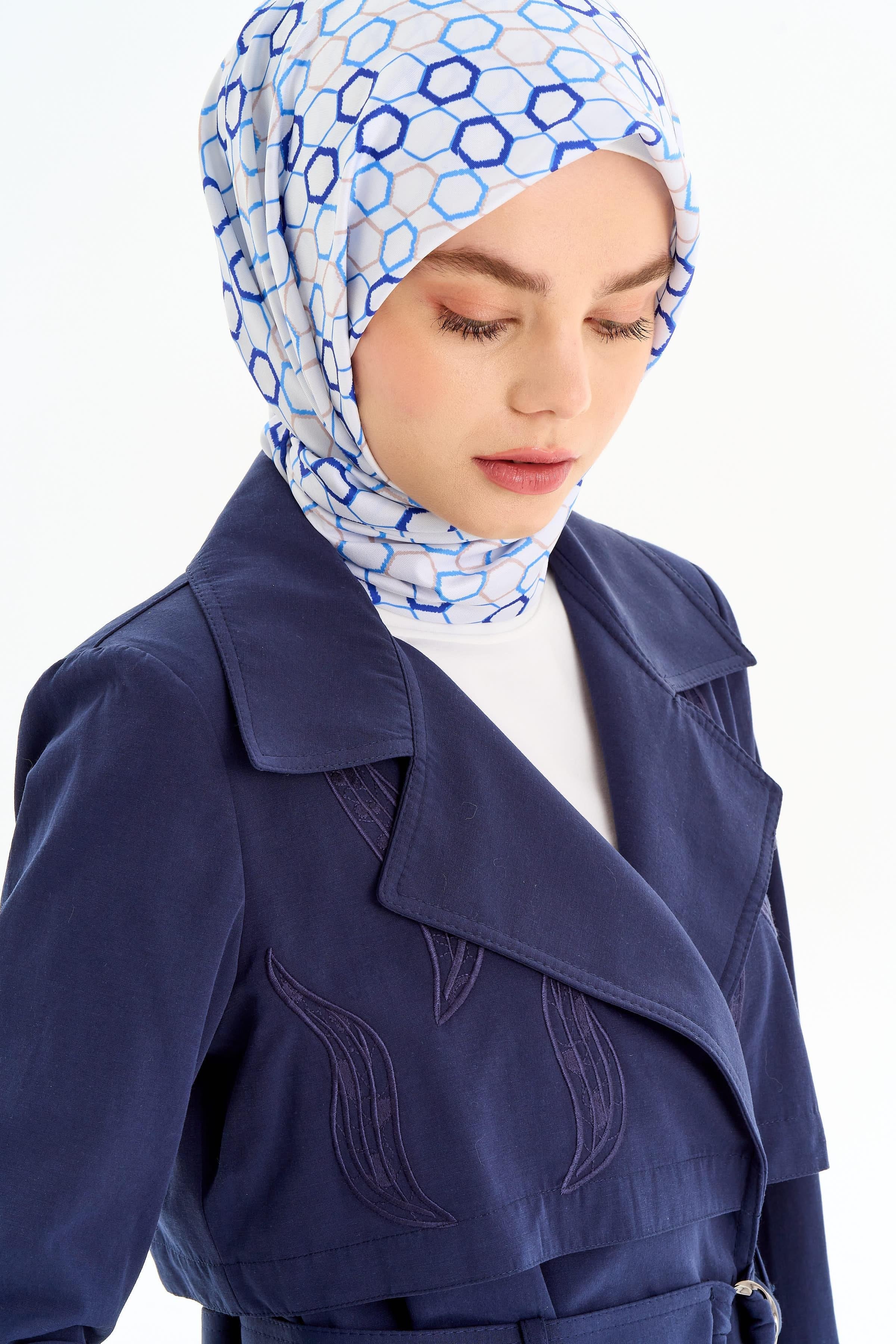 Nakış Detaylı Kol Lastikli Trençkot - Lacivert TUGBA