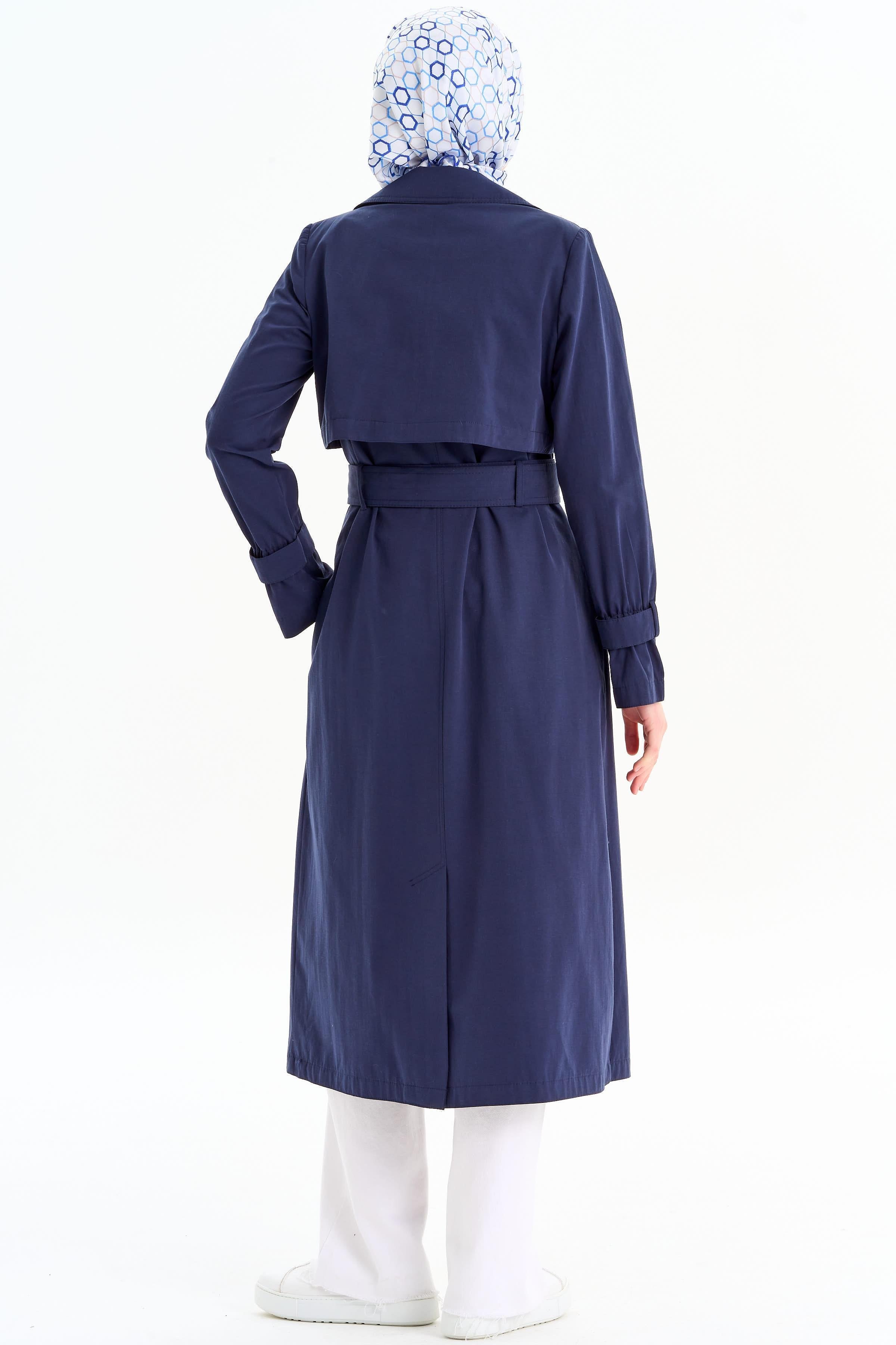 Nakış Detaylı Kol Lastikli Trençkot - Lacivert TUGBA