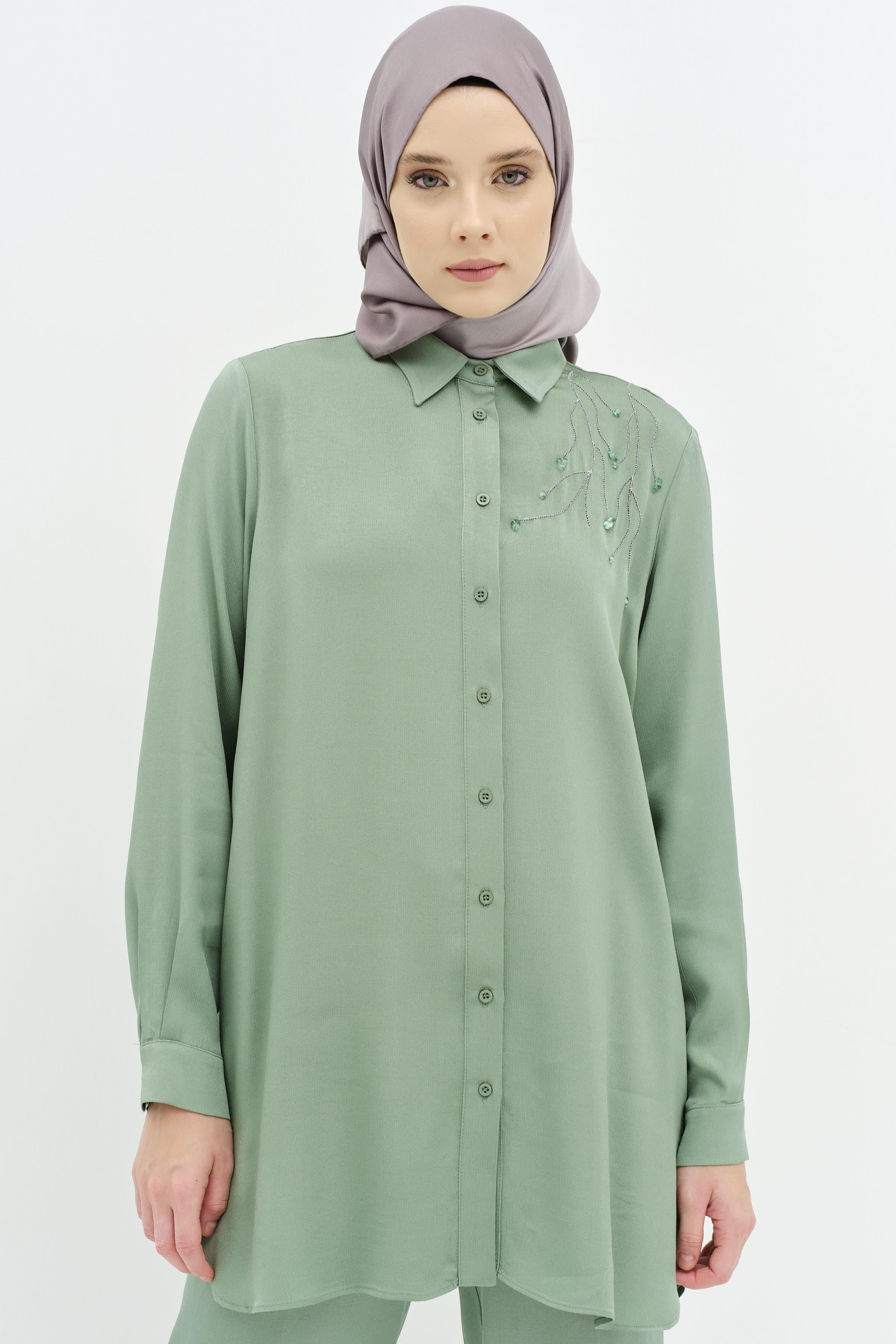 Nakış İşlemeli Tunik Pantolon Takım - Mint TUGBA