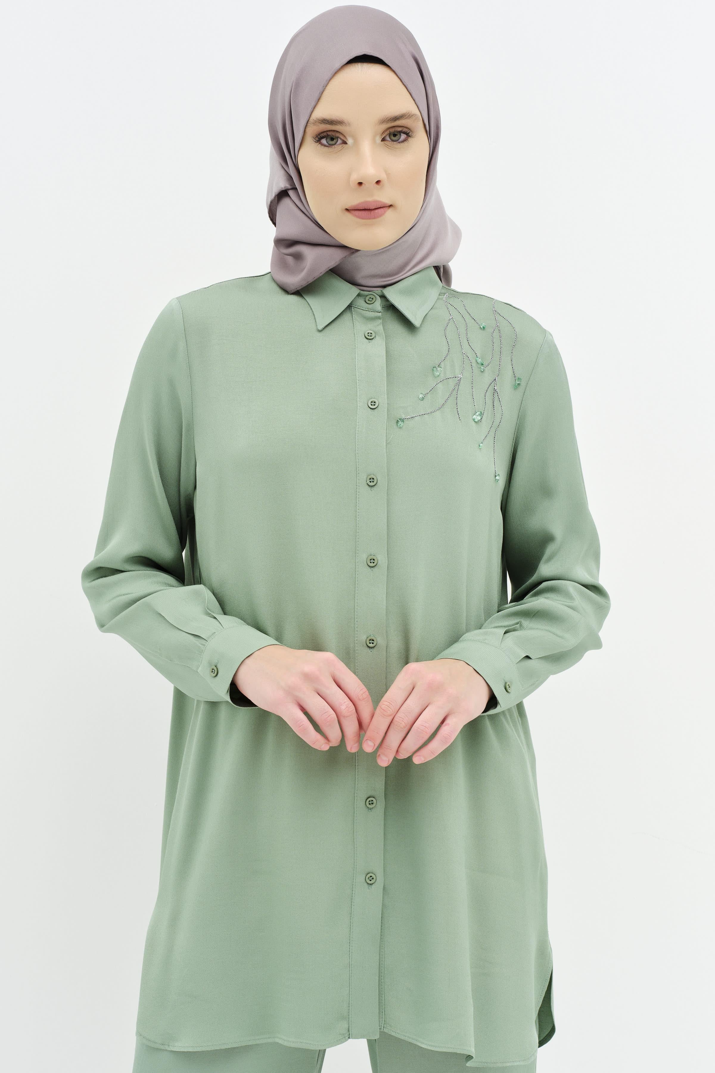 Nakış İşlemeli Tunik Pantolon Takım - Mint TUGBA