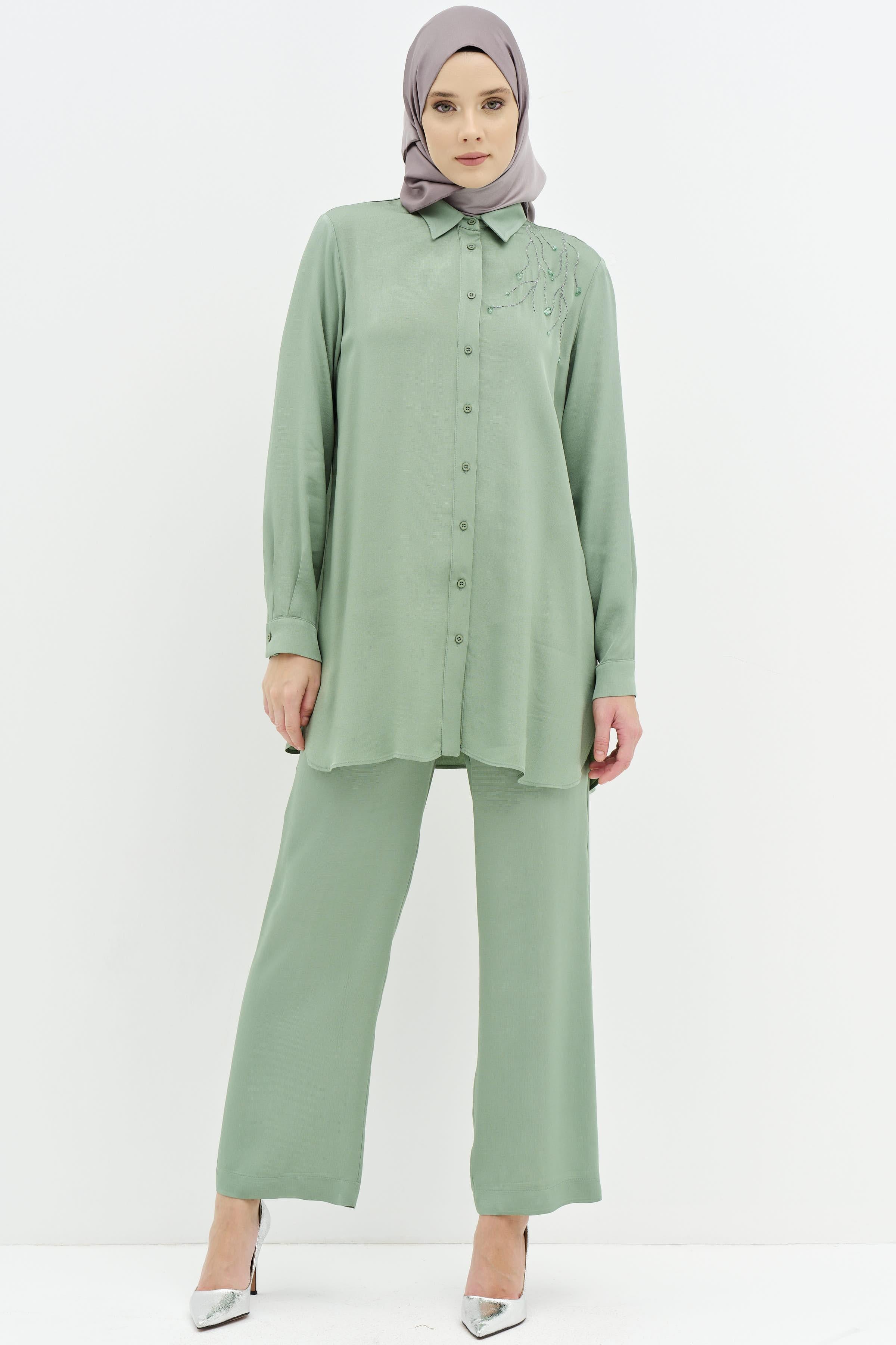 Nakış İşlemeli Tunik Pantolon Takım - Mint TUGBA