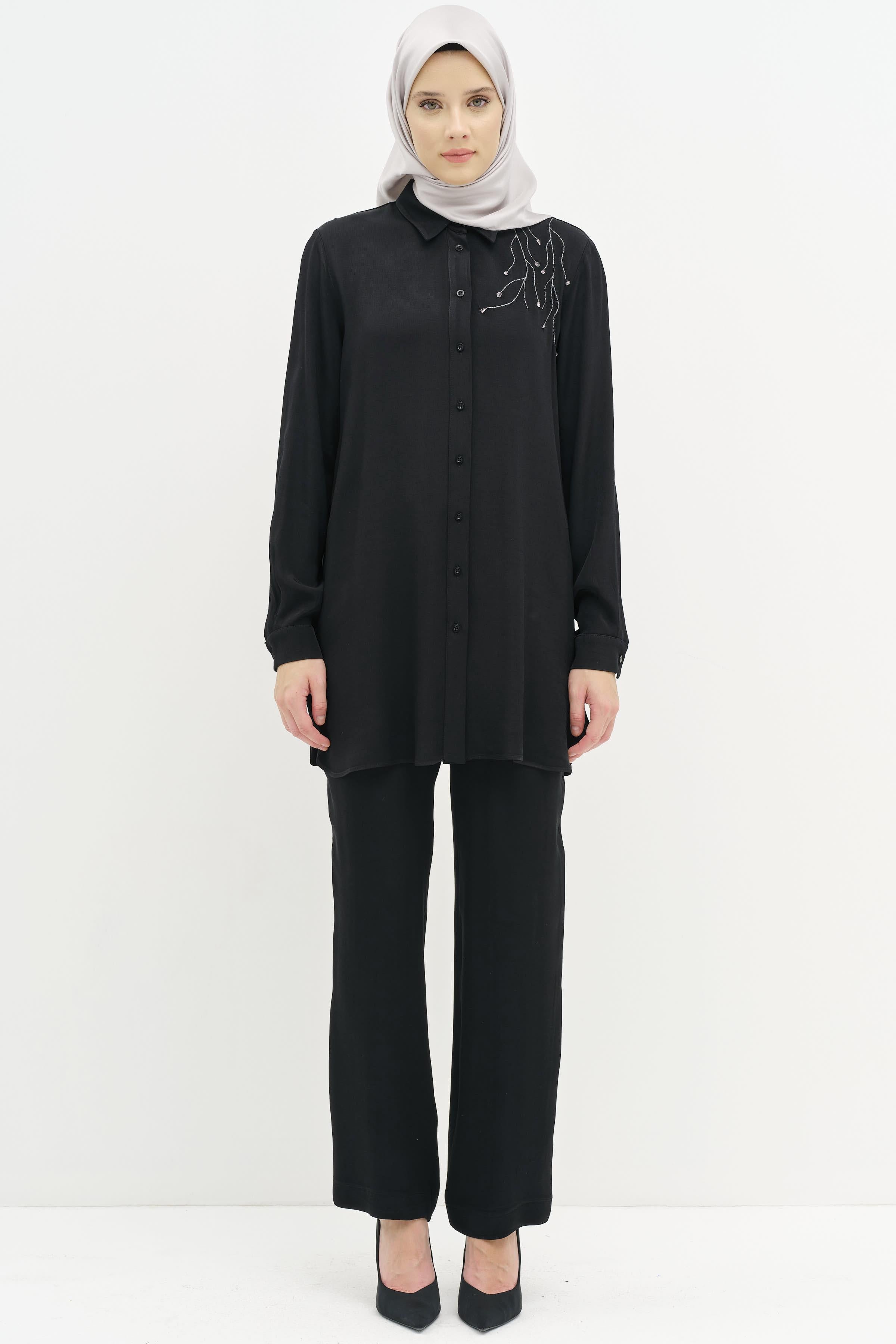 Nakış İşlemeli Tunik Pantolon Takım - Siyah TUGBA