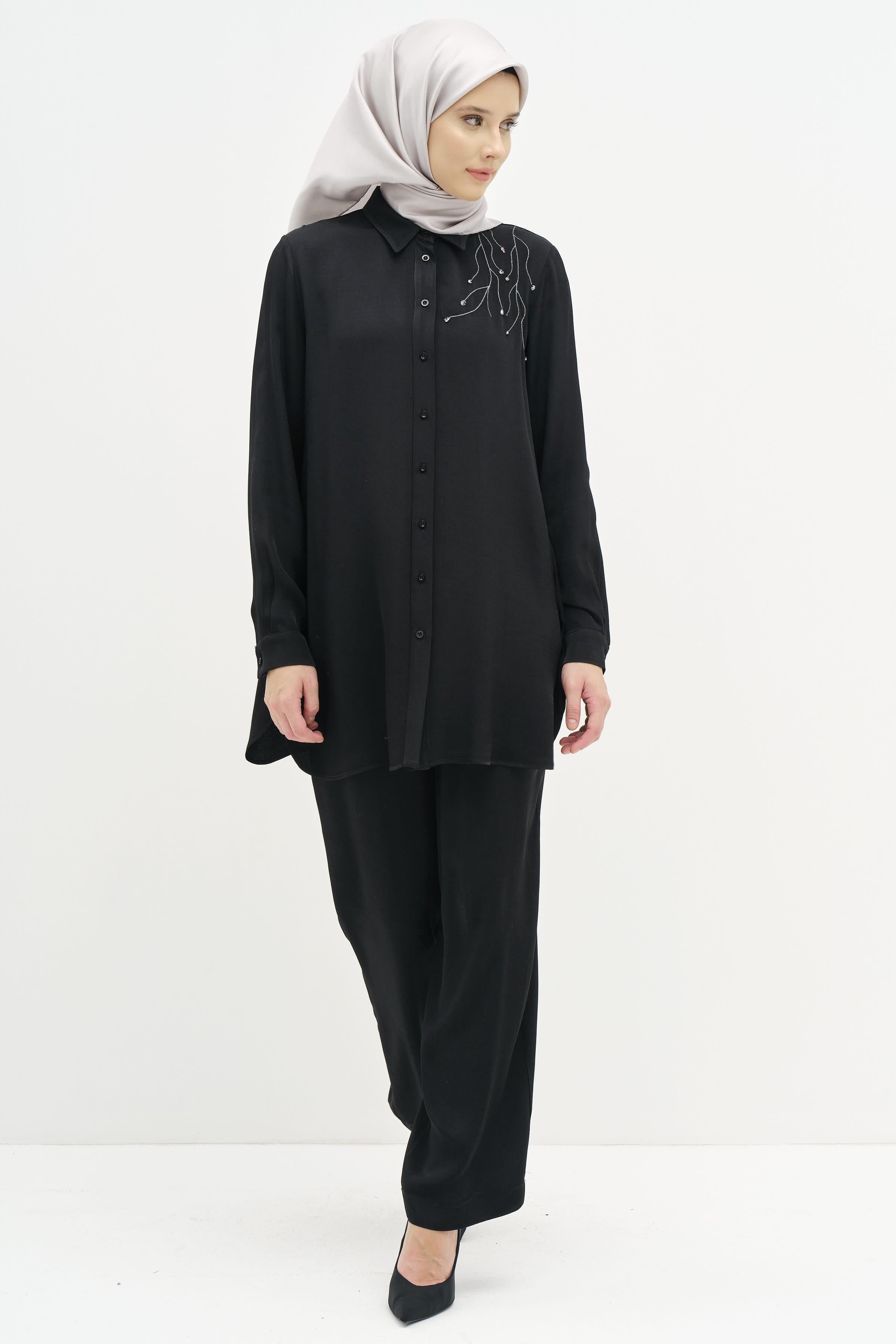 Nakış İşlemeli Tunik Pantolon Takım - Siyah TUGBA