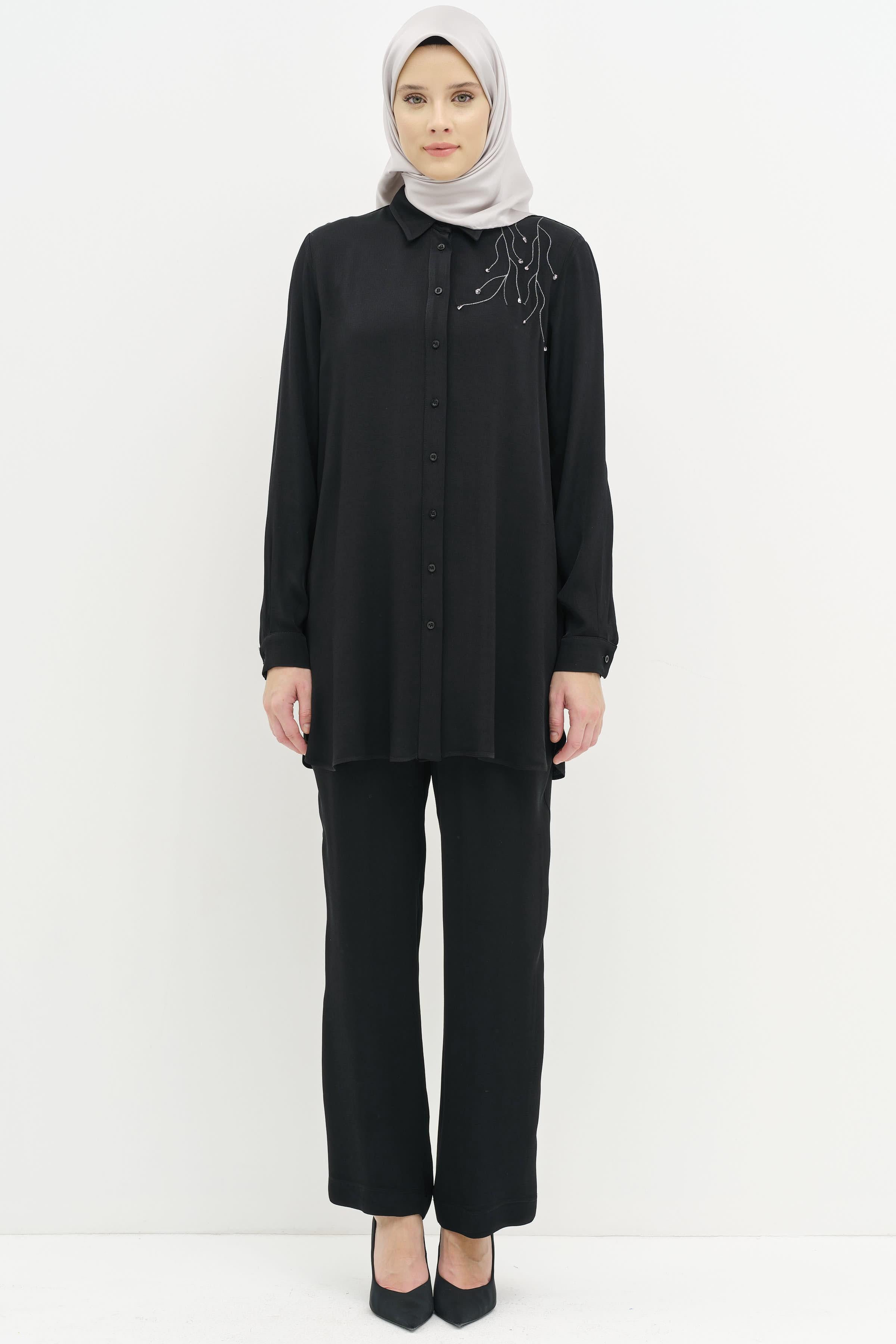 Nakış İşlemeli Tunik Pantolon Takım - Siyah TUGBA