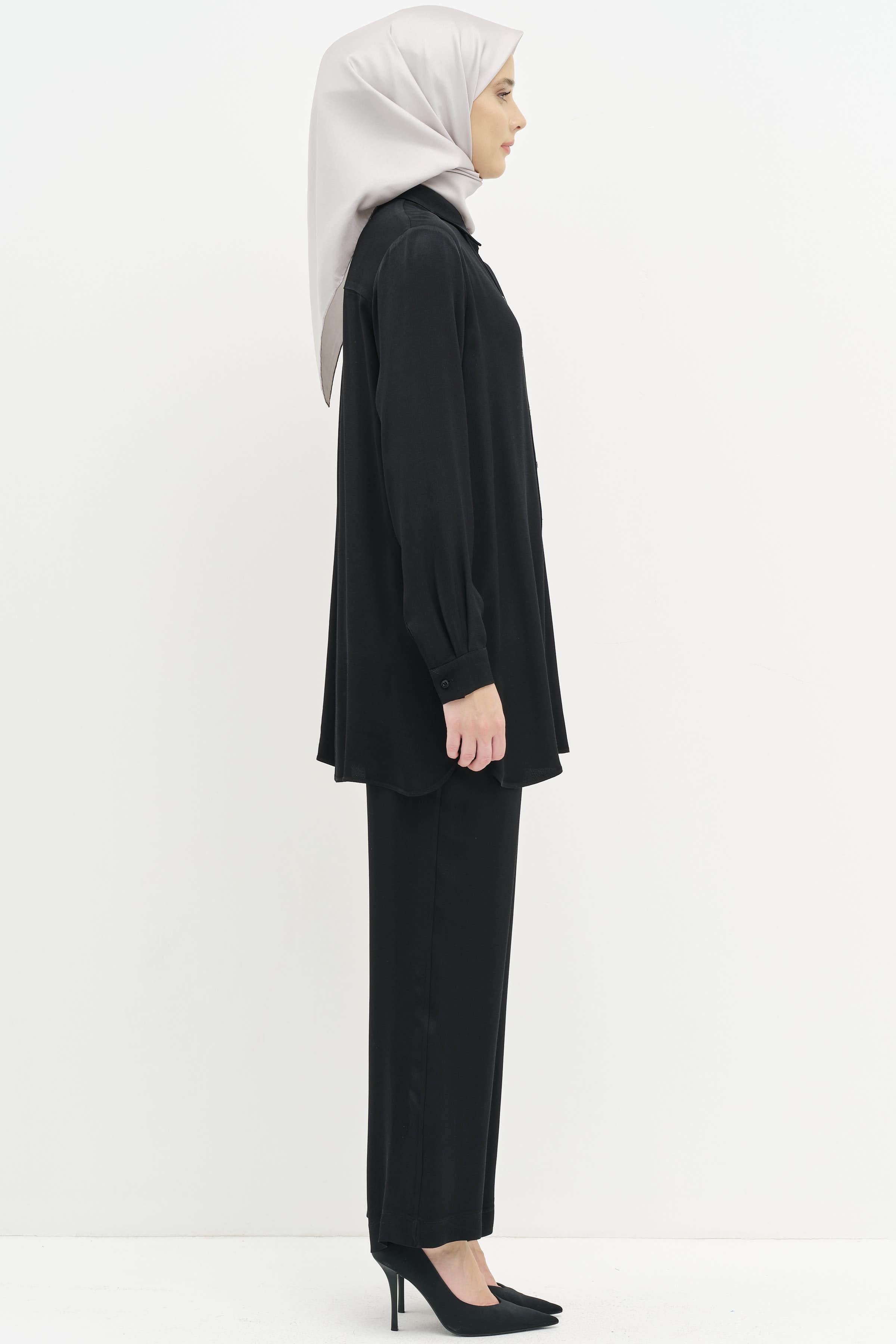 Nakış İşlemeli Tunik Pantolon Takım - Siyah TUGBA