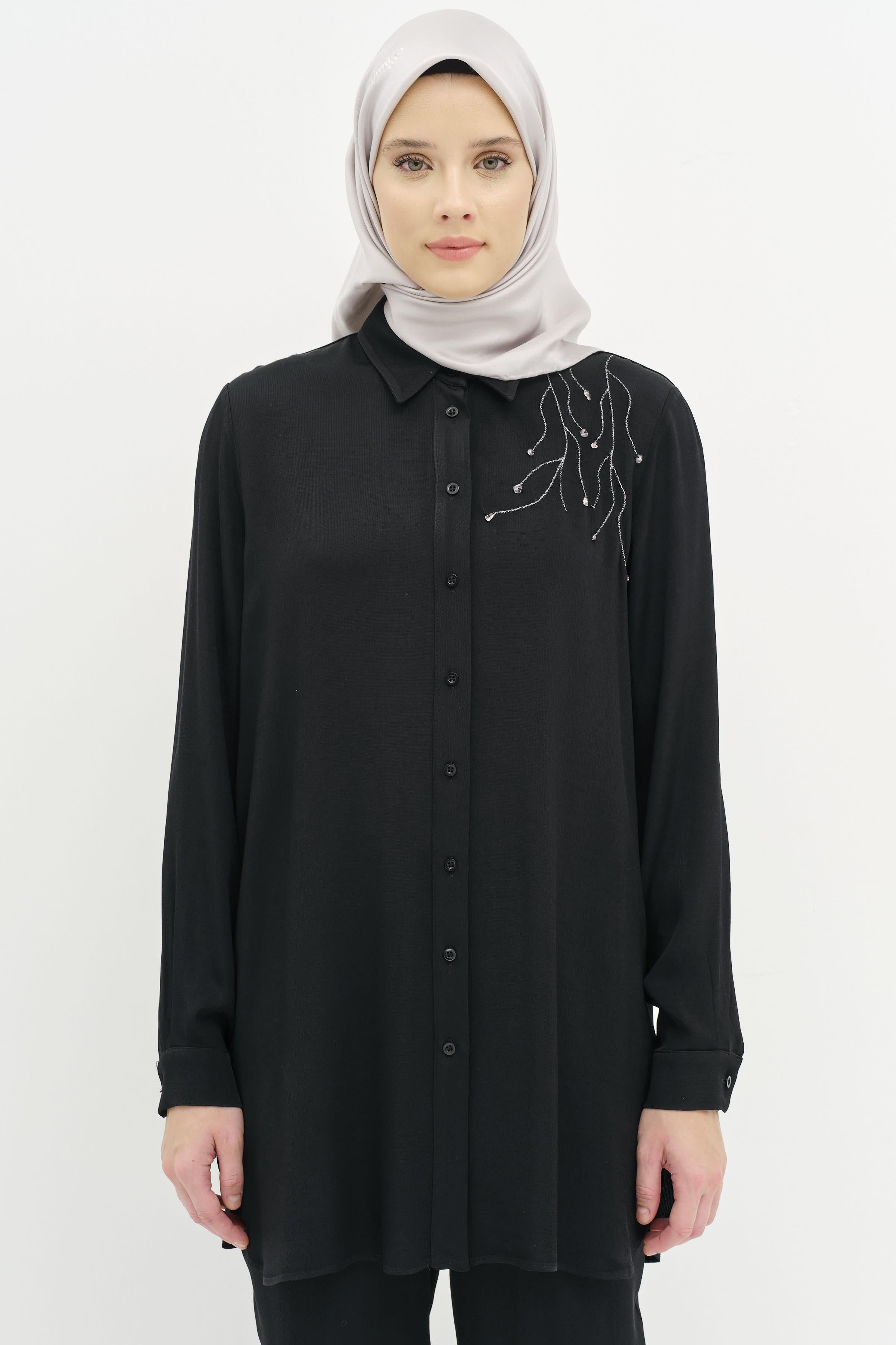 Nakış İşlemeli Tunik Pantolon Takım - Siyah TUGBA