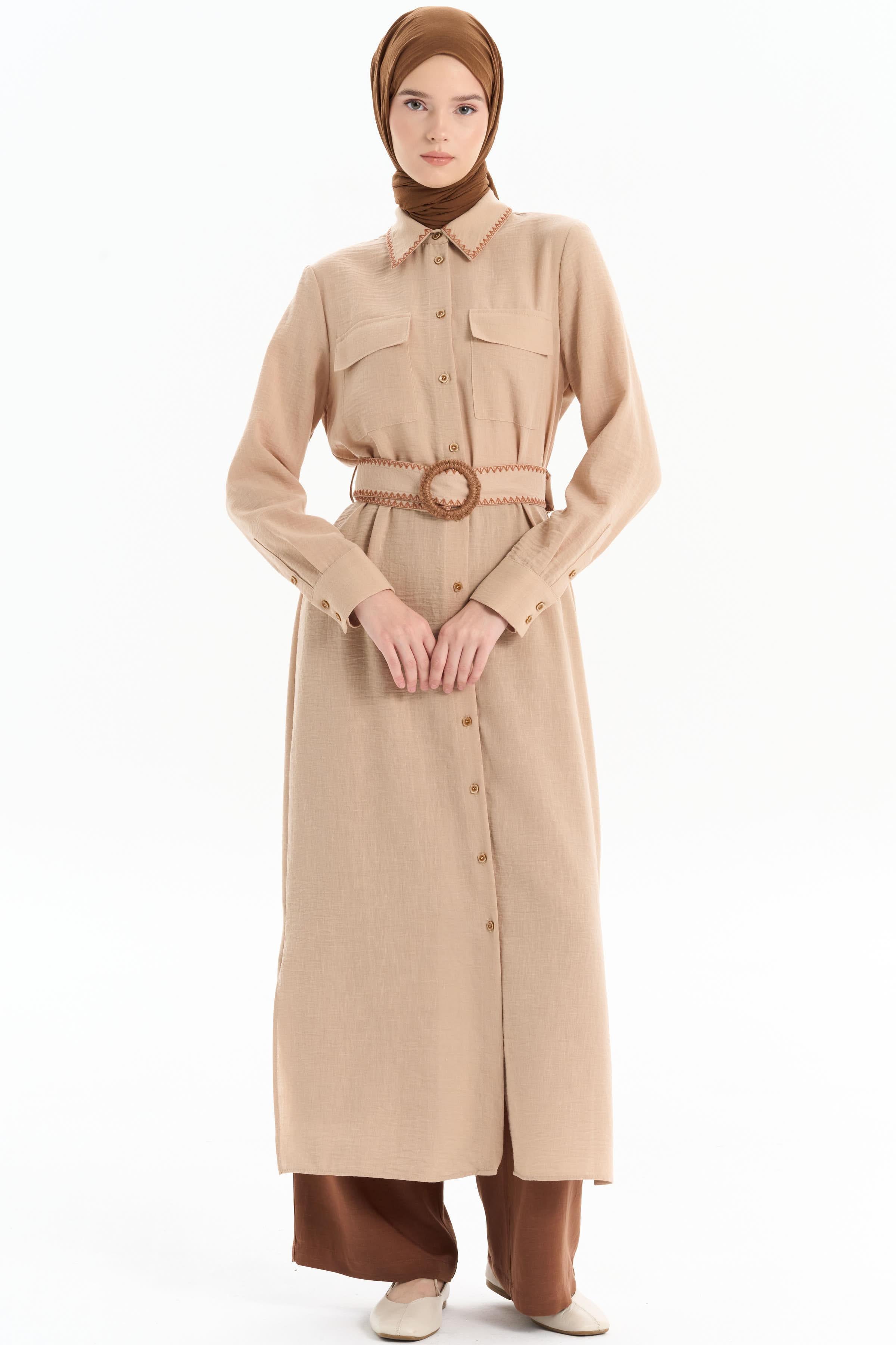 Nakışlı Bel Kemerli Uzun Tunik - Camel TUGBA