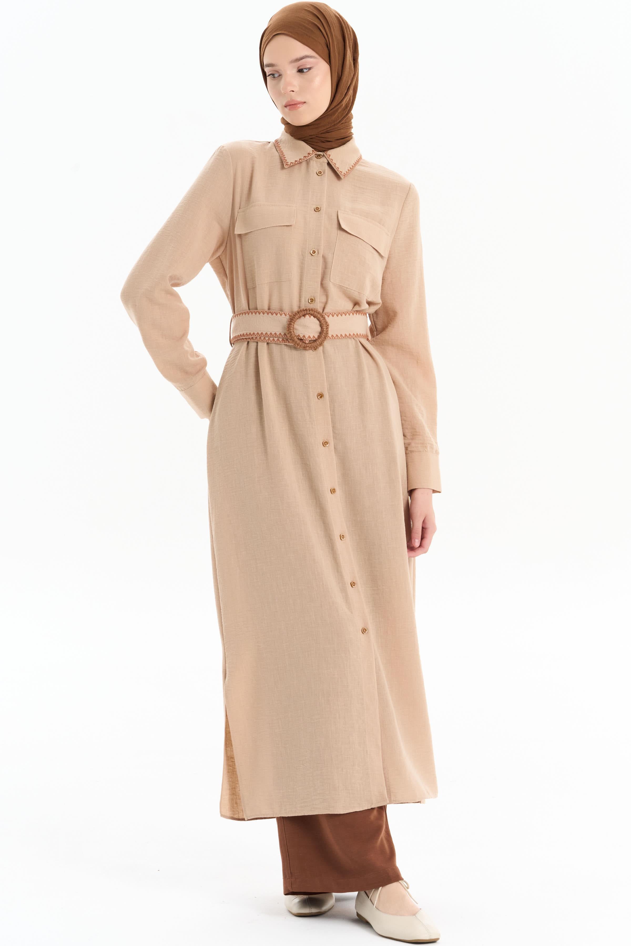 Nakışlı Bel Kemerli Uzun Tunik - Camel TUGBA